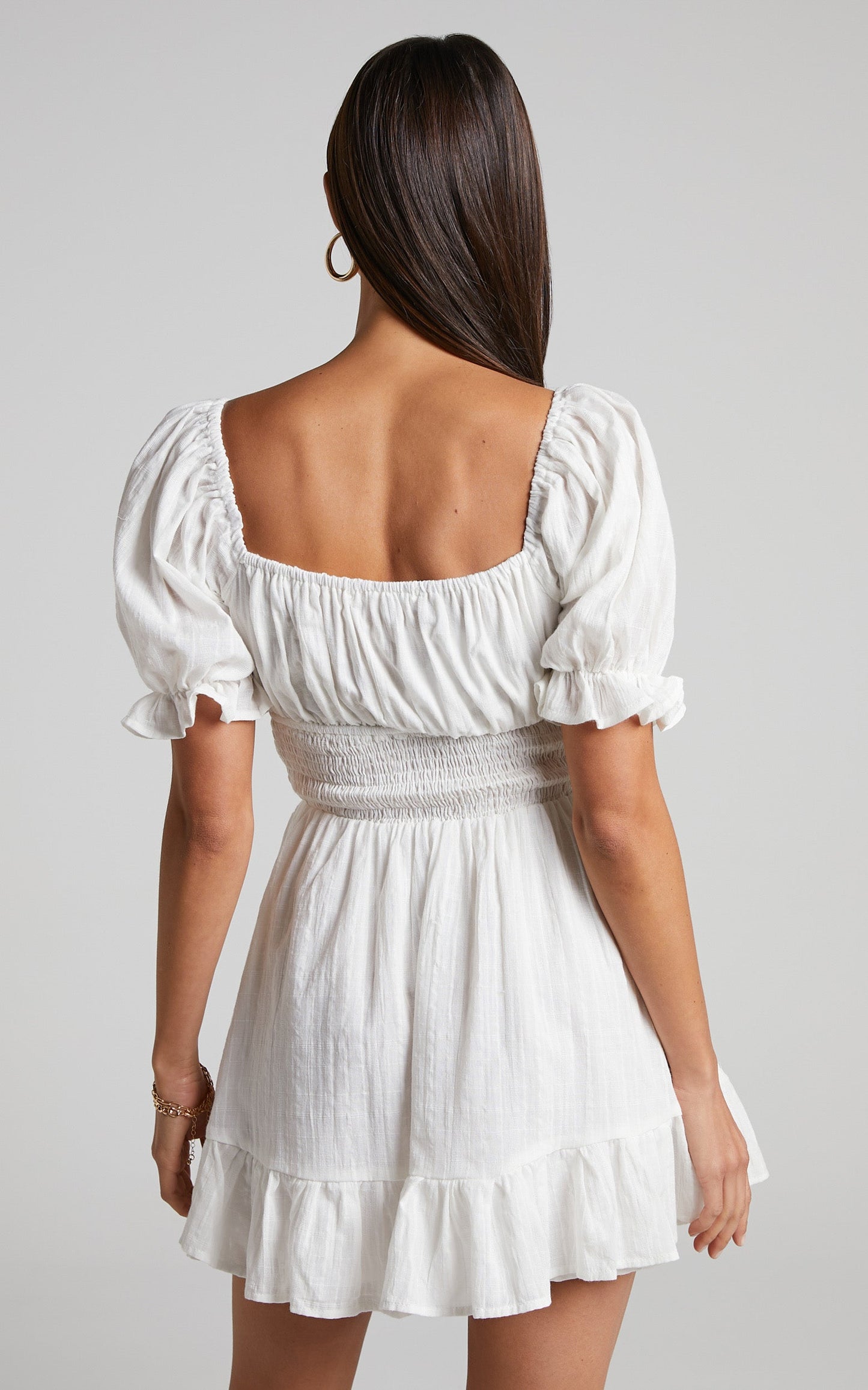 Roella Mini Dress - Shirred Waist Sweetheart Puff Sleeve Dress in White