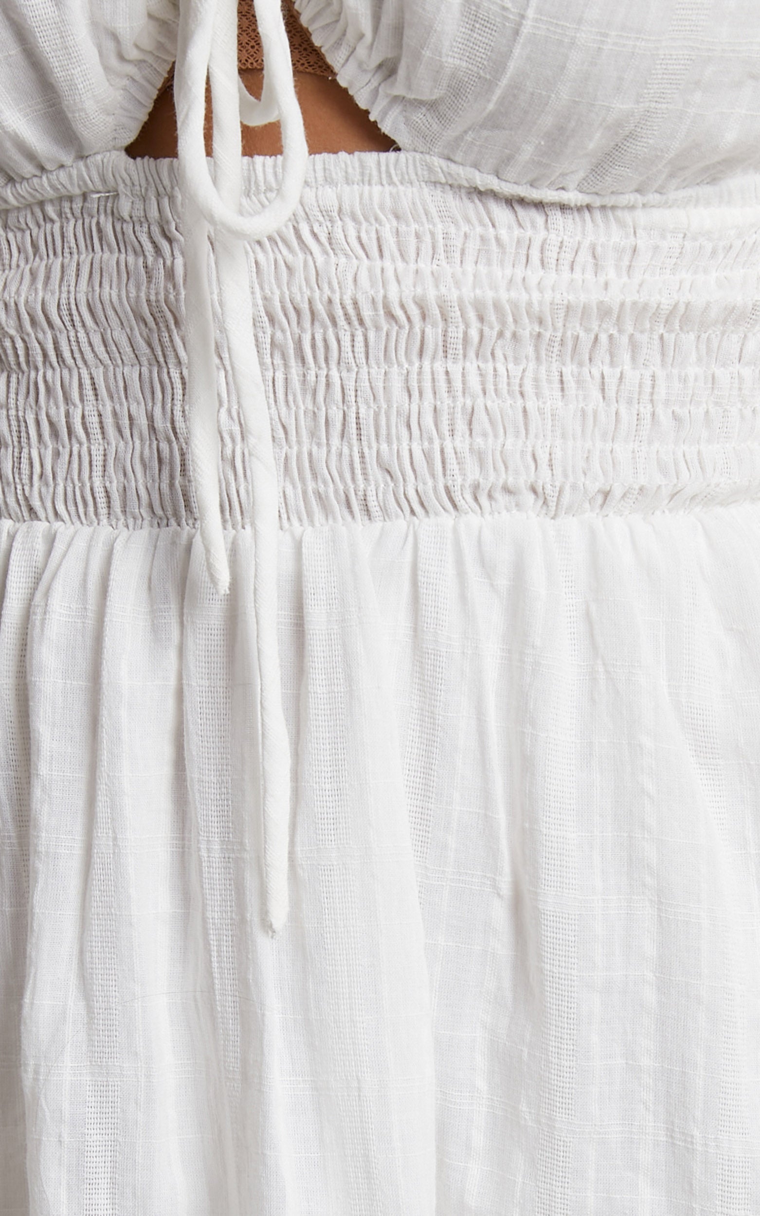 Roella Mini Dress - Shirred Waist Sweetheart Puff Sleeve Dress in White