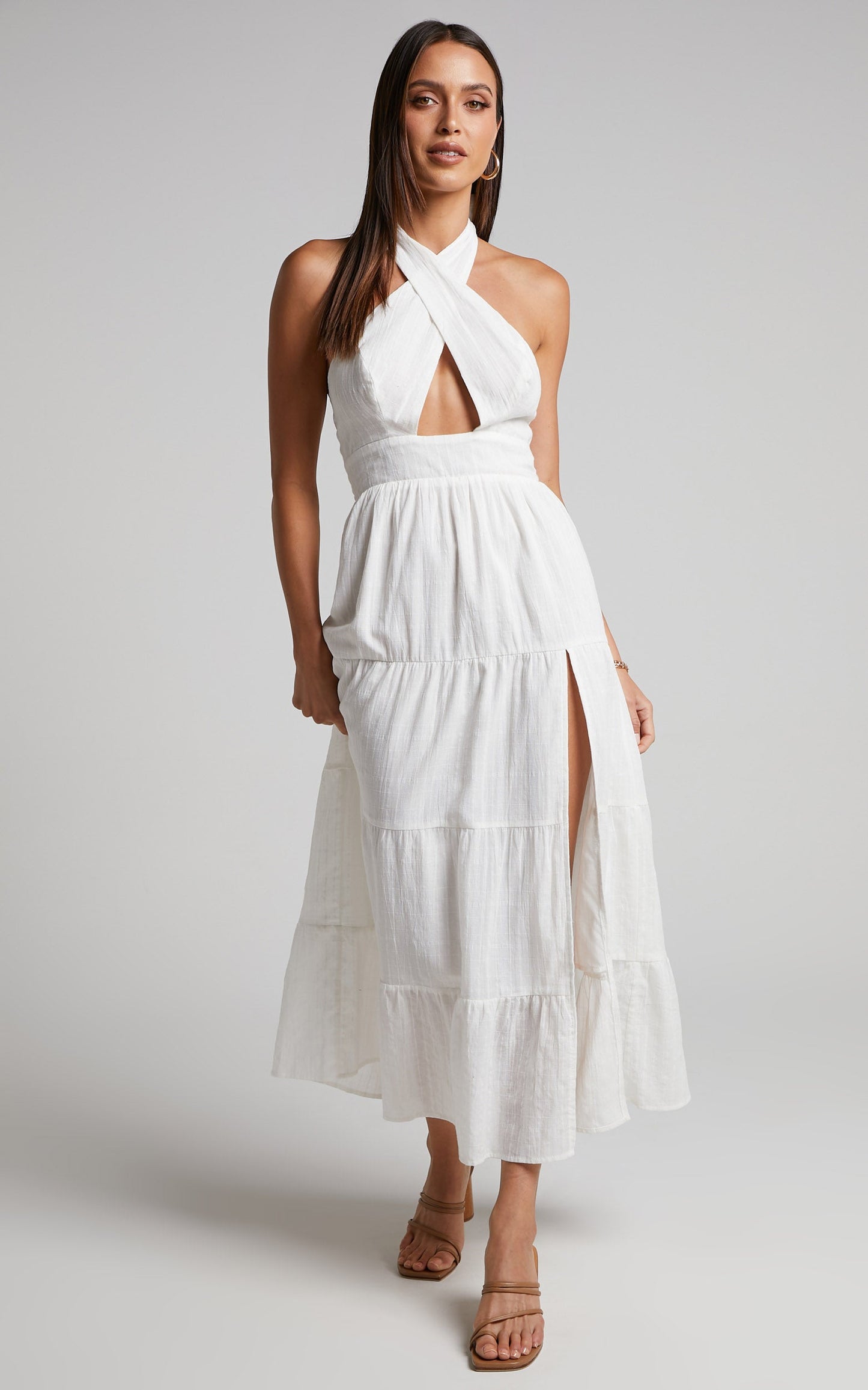 Roella Midi Dress - Tiered Halter Dress in White