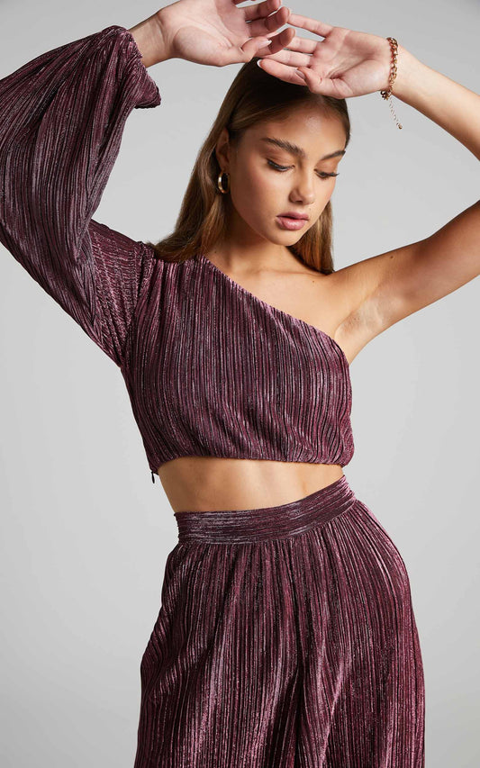 Roellah Top - Lurex Plisse One Shoulder Crop Top in Pink