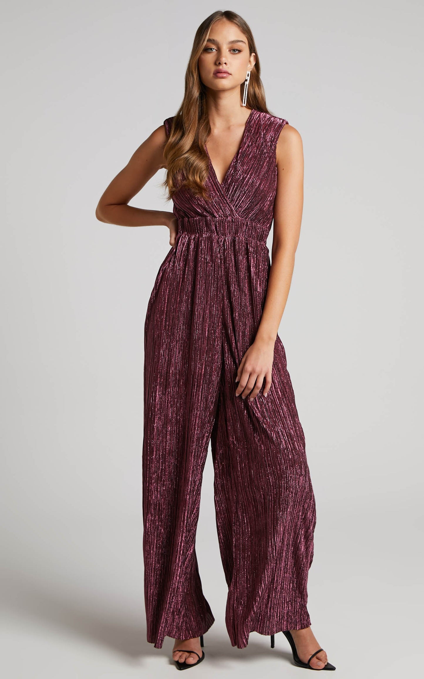 Roellah Jumpsuit - Lurex Plisse Sleeveless Palazzo Jumpsuit in Plum
