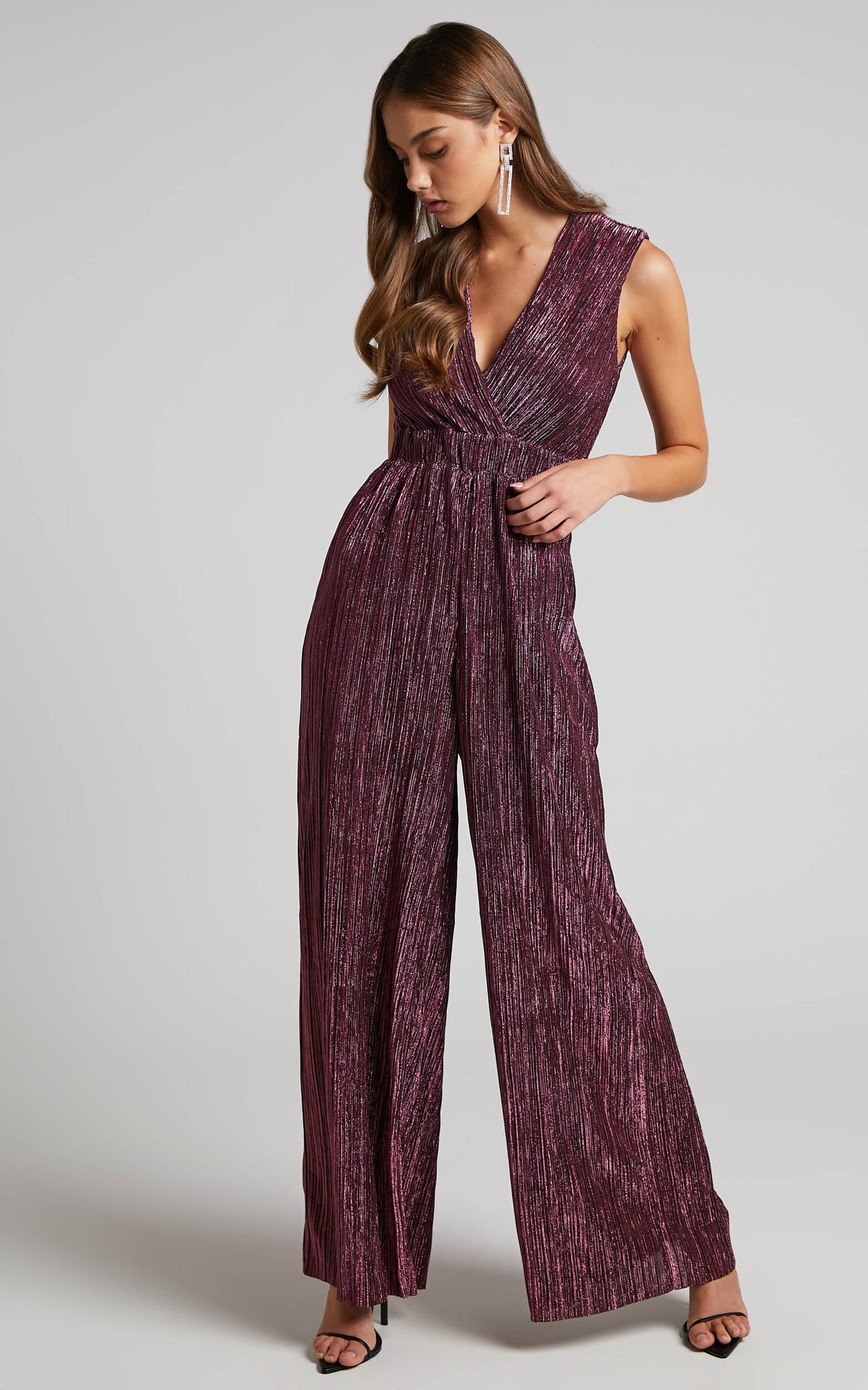 Roellah Jumpsuit - Lurex Plisse Sleeveless Palazzo Jumpsuit in Plum