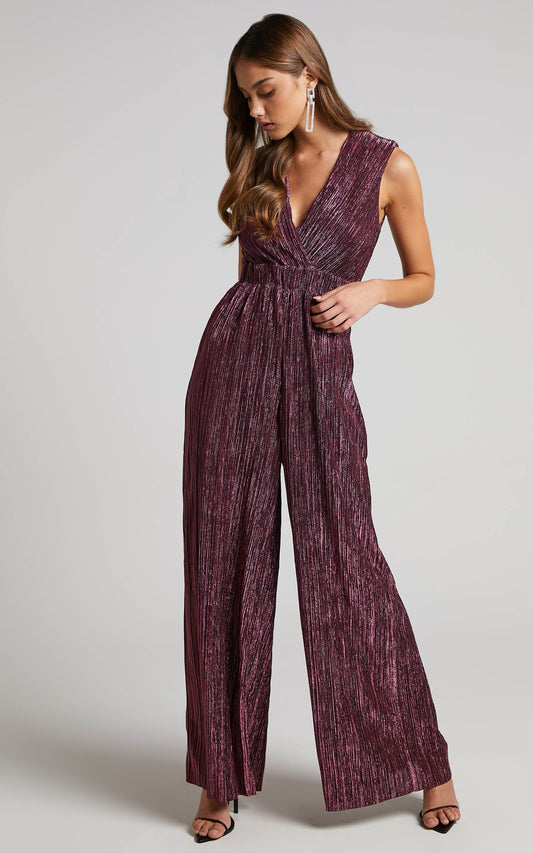 Roellah Jumpsuit - Lurex Plisse Sleeveless Palazzo Jumpsuit in Plum