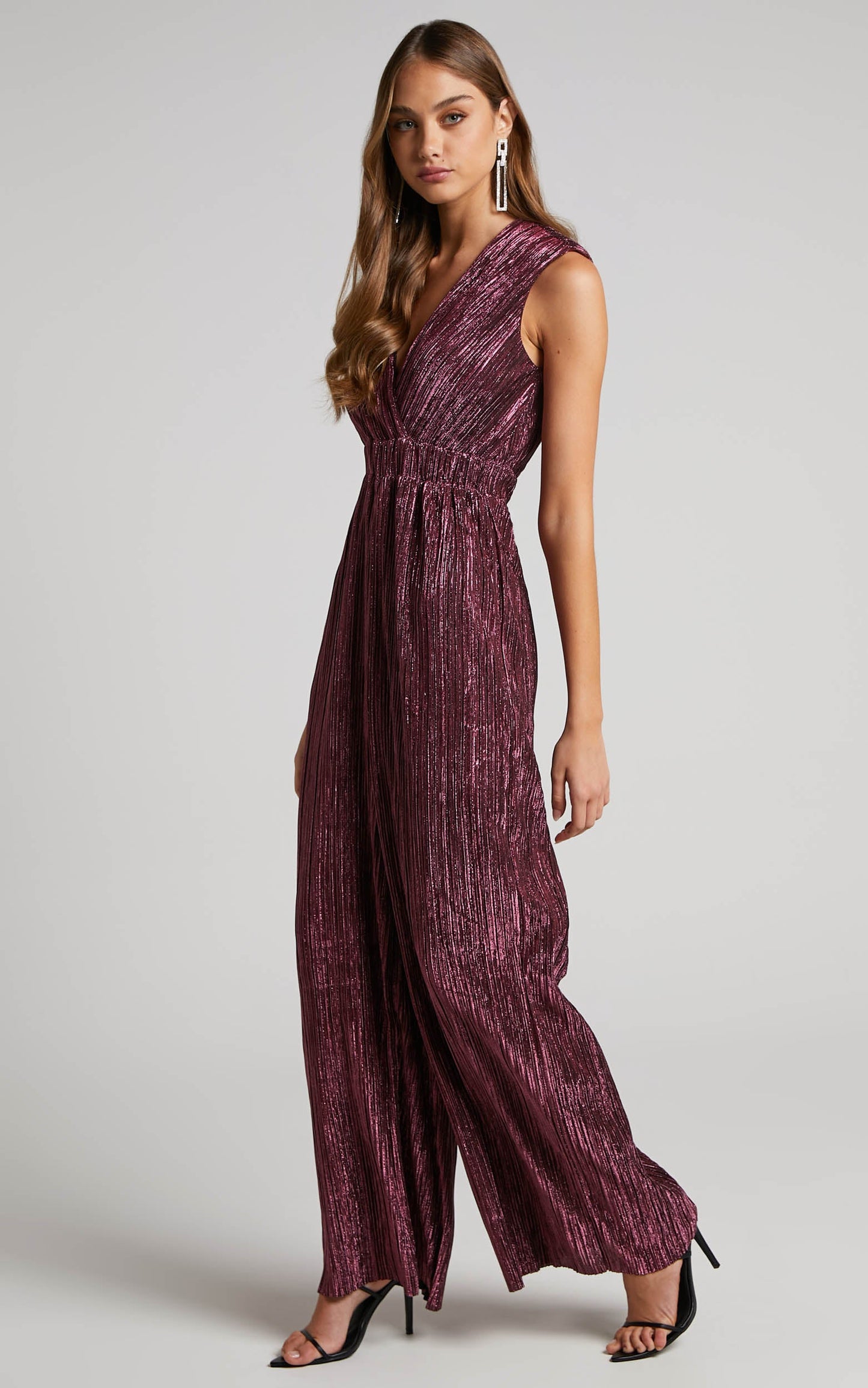 Roellah Jumpsuit - Lurex Plisse Sleeveless Palazzo Jumpsuit in Plum