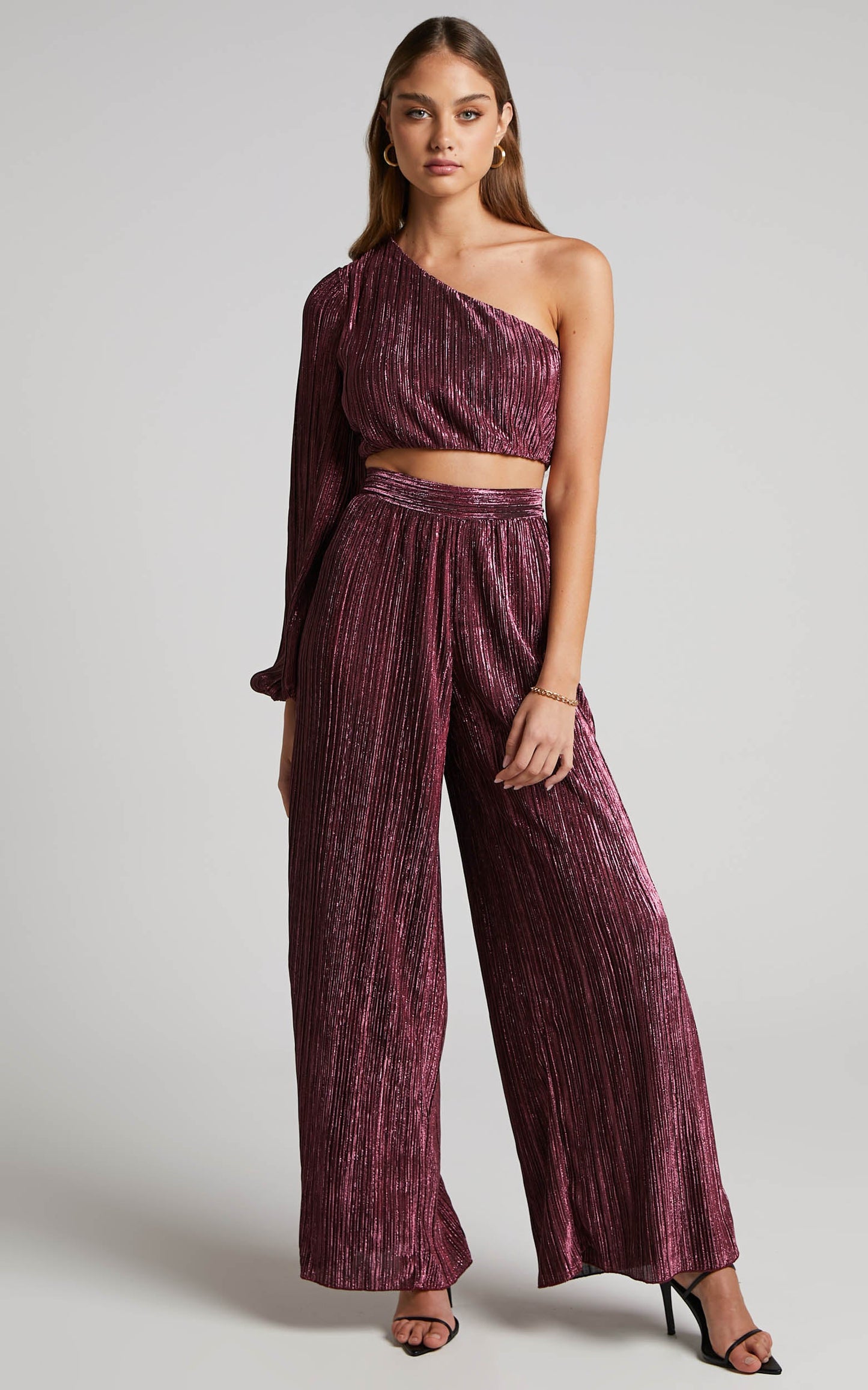 Roellah Pants - High Waisted Lurex Plisse Relaxed Palazzo Pants in Plum