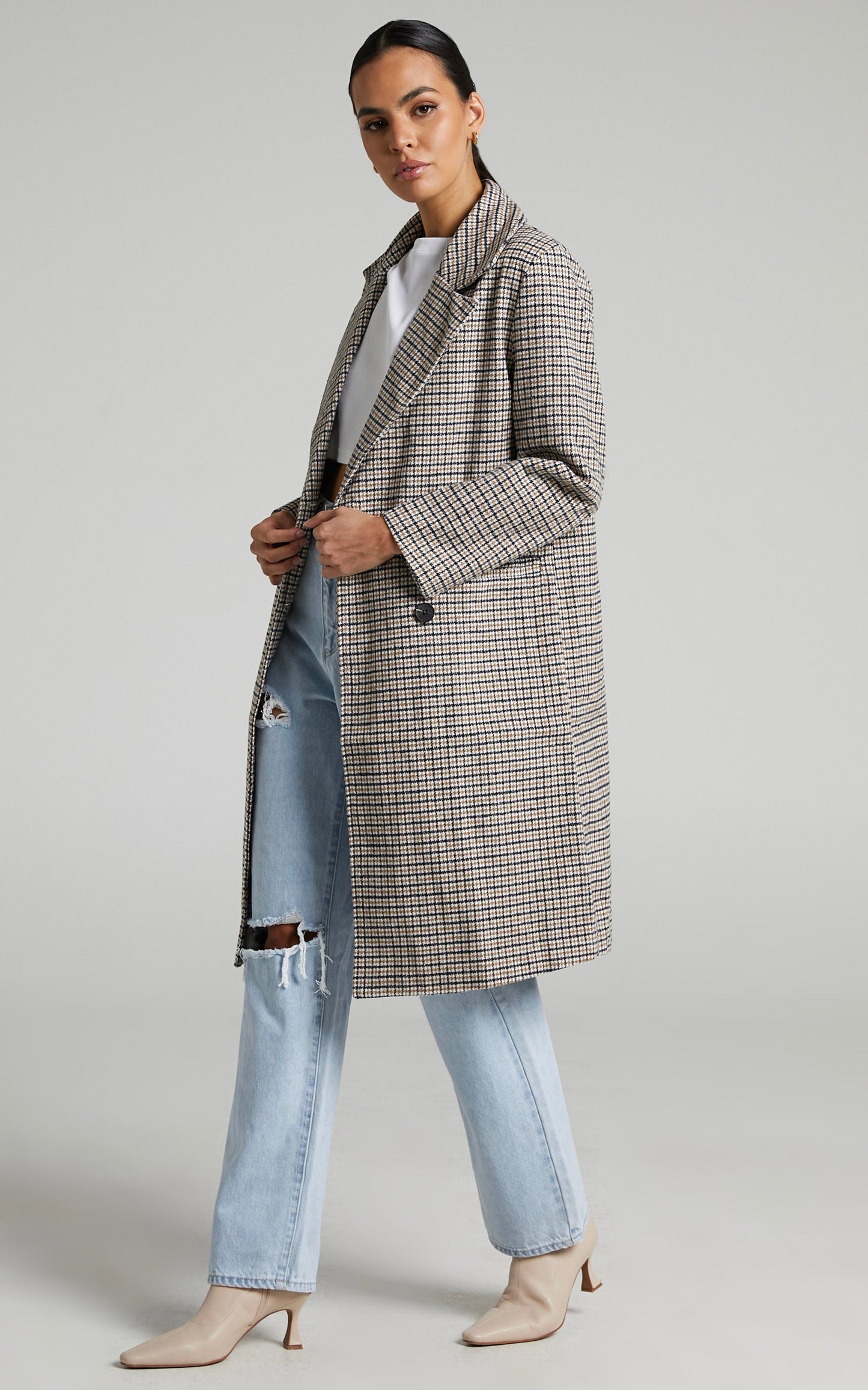 Roisin Double Breasted Coat in Beige Check