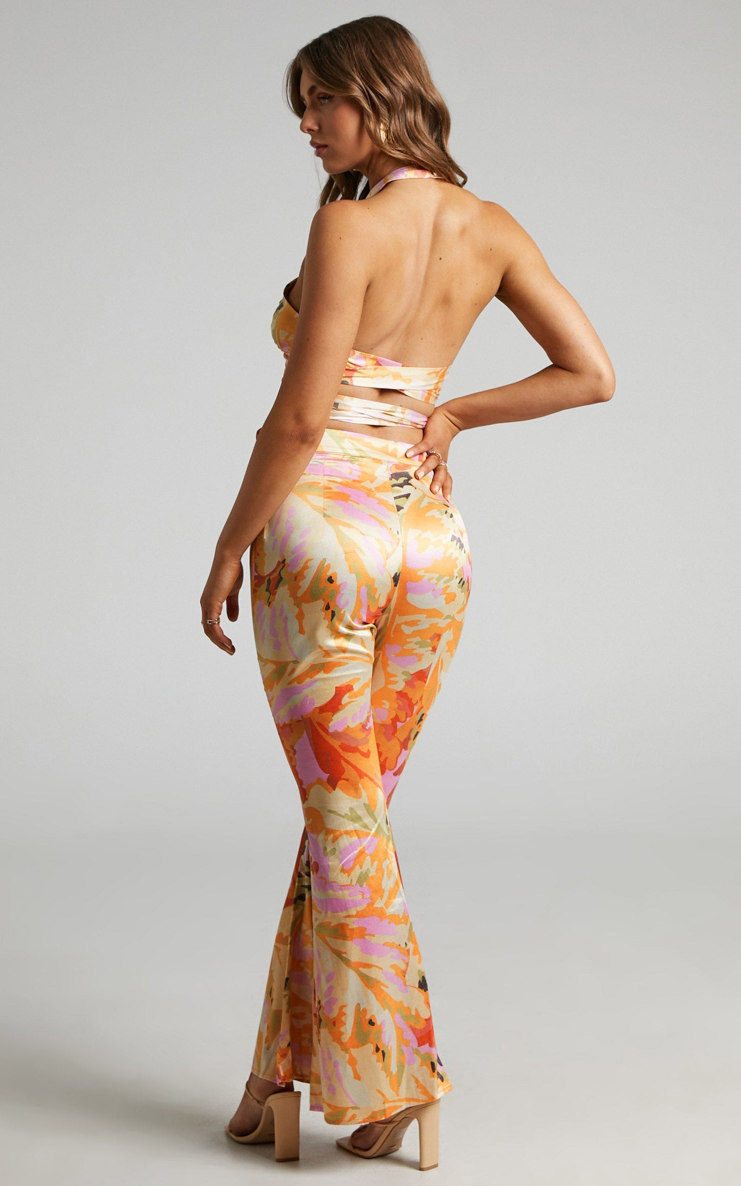 Romaine Halter Neck Two Piece Pant Set in abstract palm