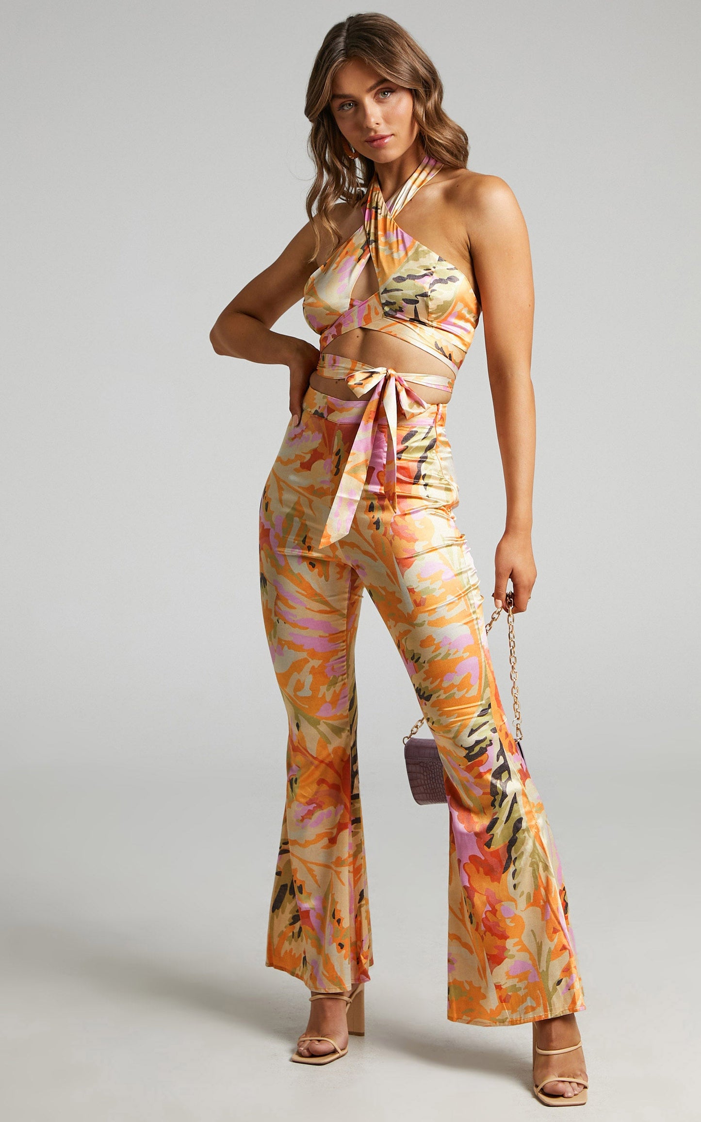 Romaine Halter Neck Two Piece Pant Set in abstract palm