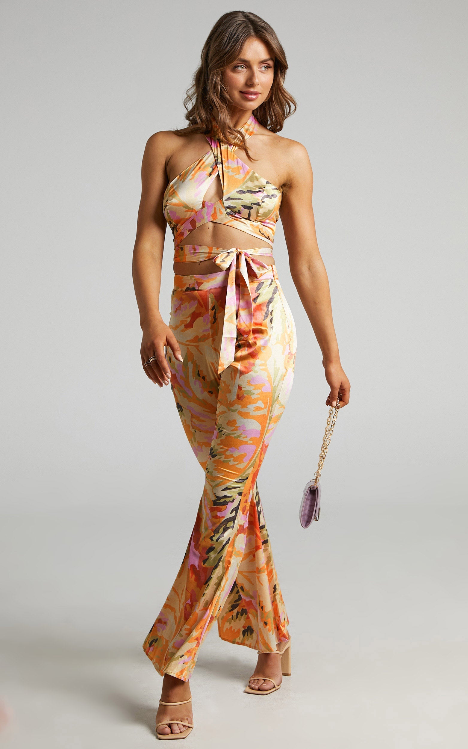Romaine Halter Neck Two Piece Pant Set in abstract palm