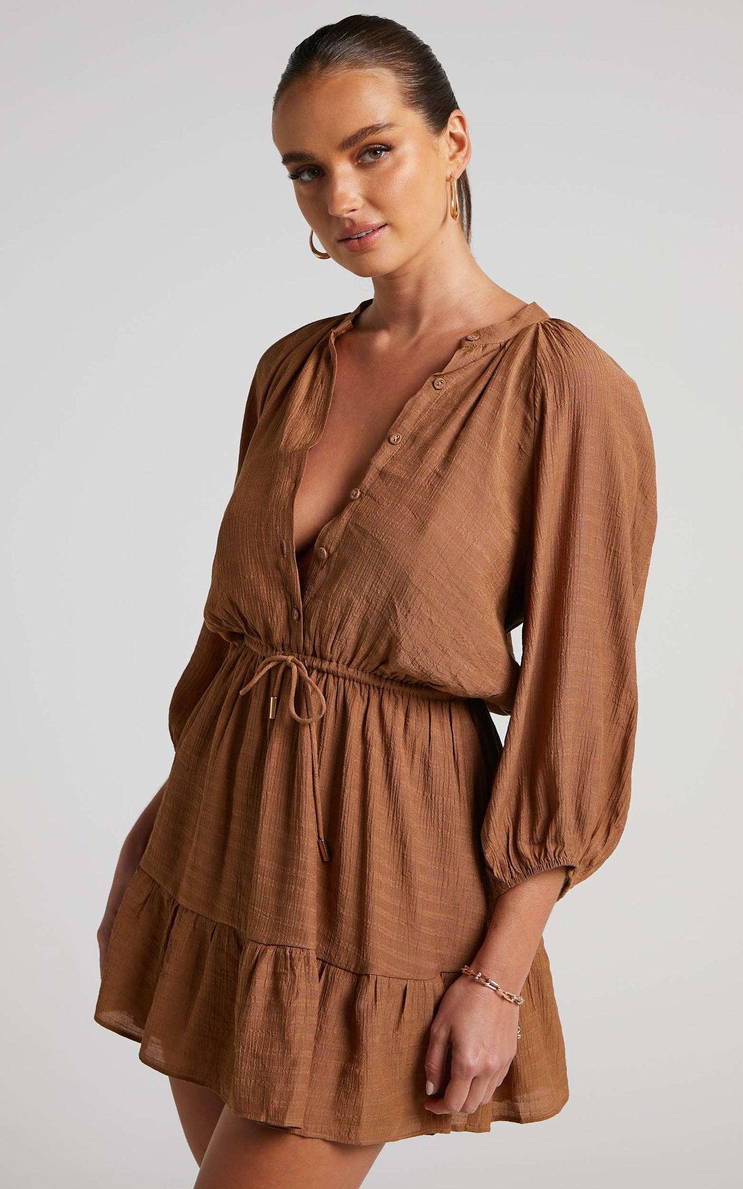 Romarie Mini Dress - Blouson Sleeve Tiered Dress in Brown