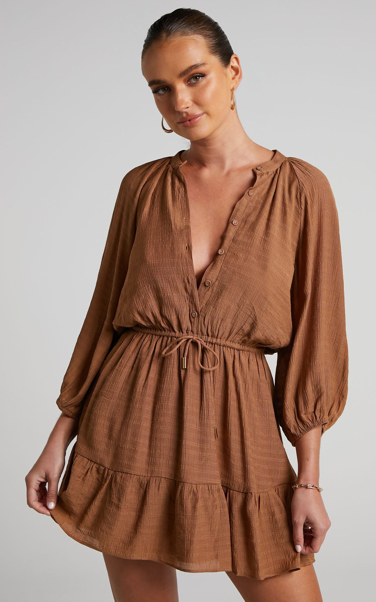 Romarie Mini Dress - Blouson Sleeve Tiered Dress in Brown