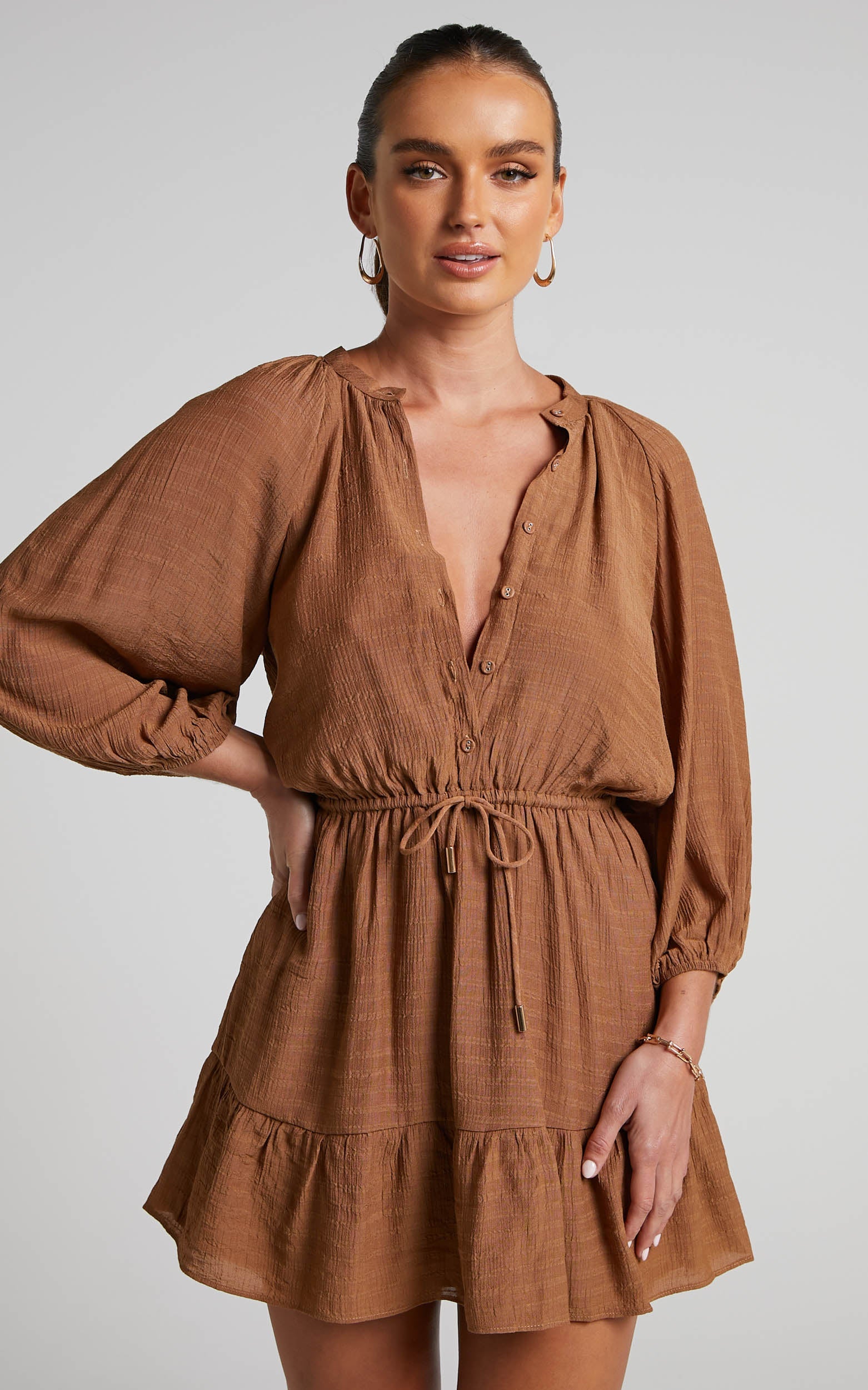 Romarie Mini Dress - Blouson Sleeve Tiered Dress in Brown