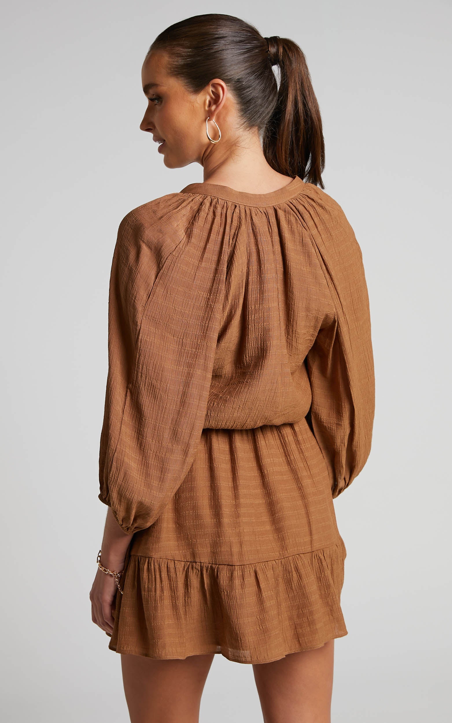 Romarie Mini Dress - Blouson Sleeve Tiered Dress in Brown