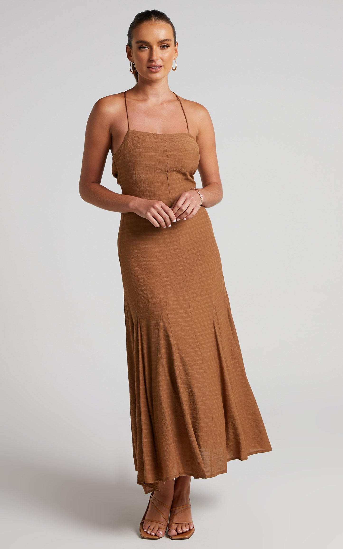 Romarie Midi Dress - Tie Back Slip Dress in Brown