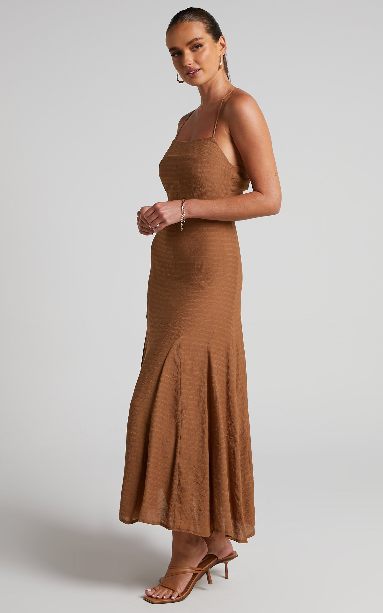 Romarie Midi Dress - Tie Back Slip Dress in Brown