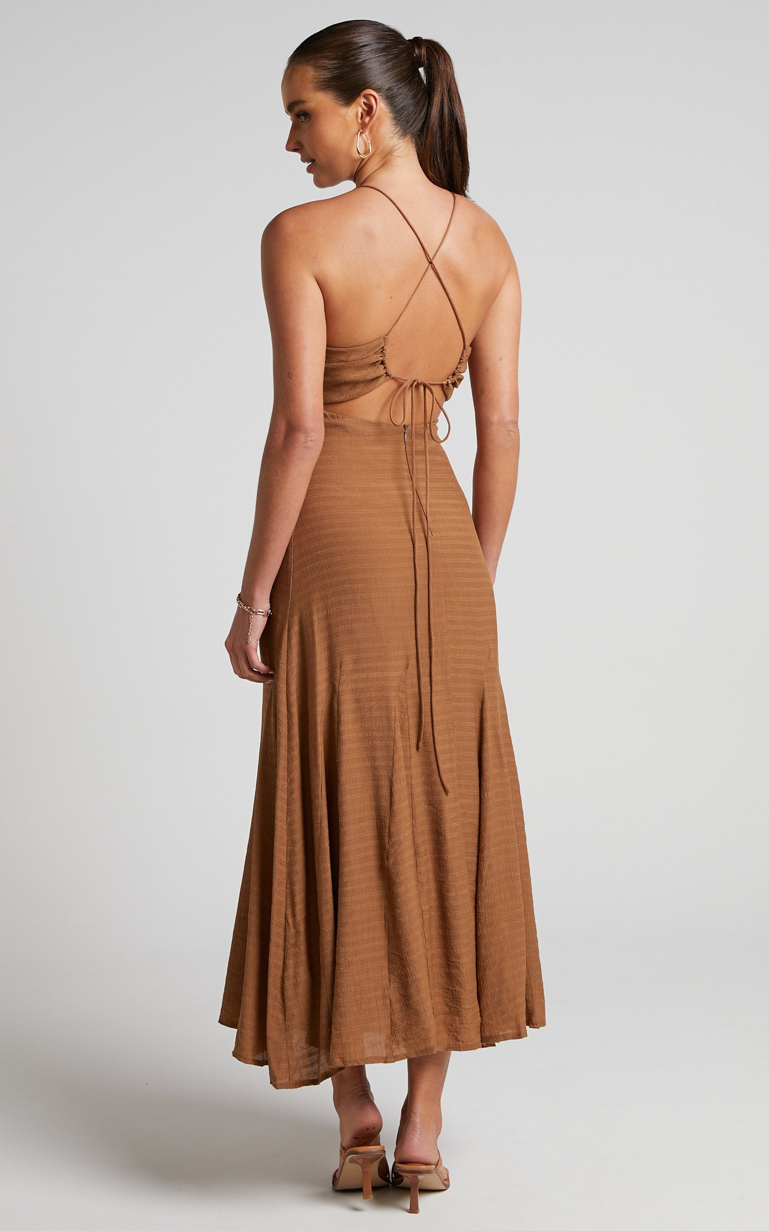 Romarie Midi Dress - Tie Back Slip Dress in Brown