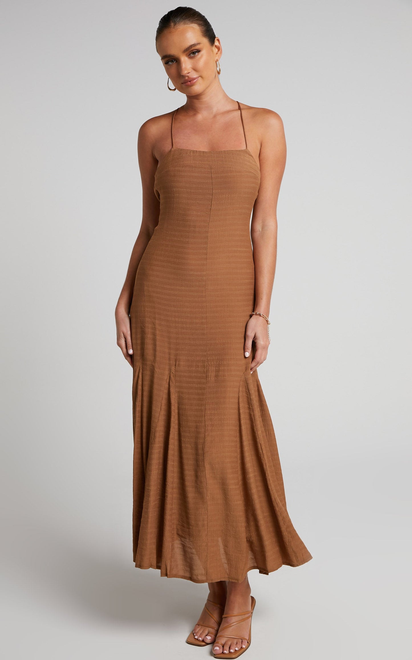 Romarie Midi Dress - Tie Back Slip Dress in Brown