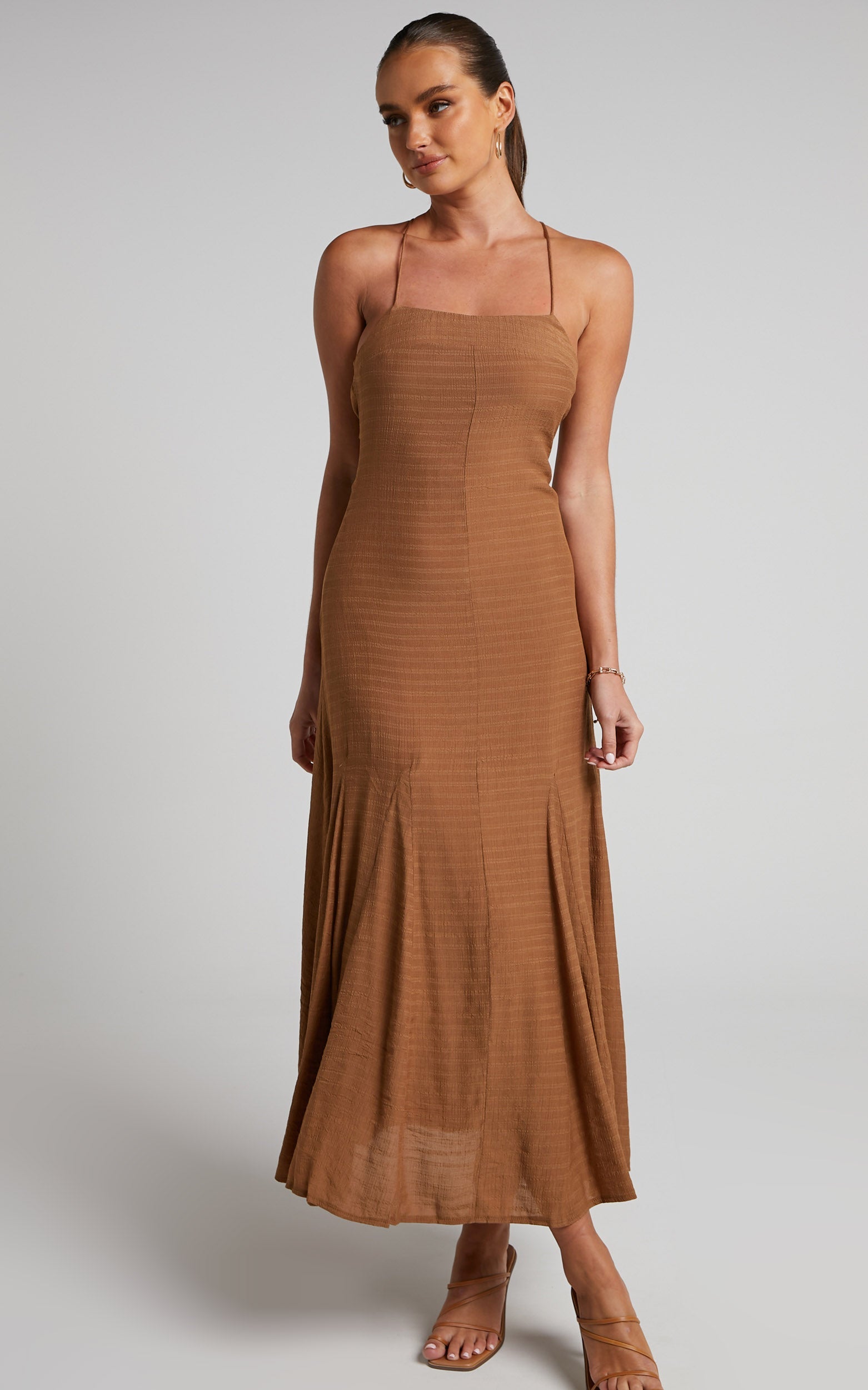 Romarie Midi Dress - Tie Back Slip Dress in Brown