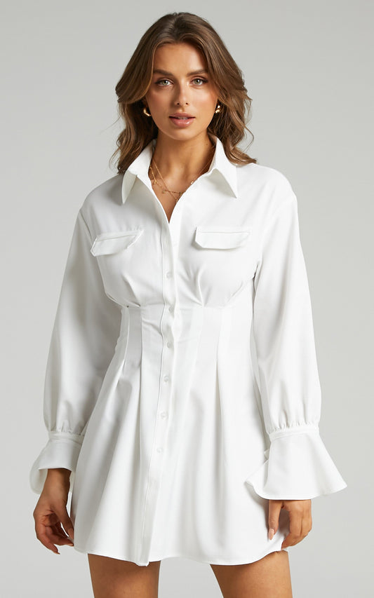 Romi Cuffed Long Sleeve Shirt Dress with Cinched Waist in White