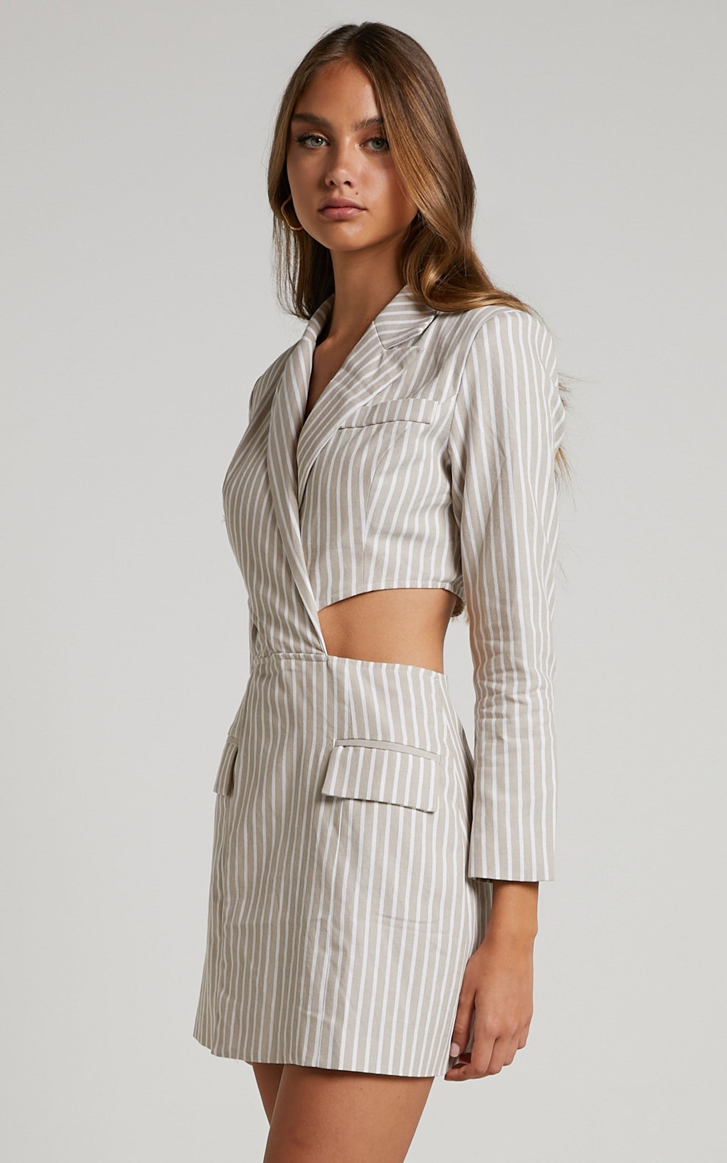 Romlene Blazer Dress - Linen Look Cut Out Mini Blazer Dress in Natural Stripe