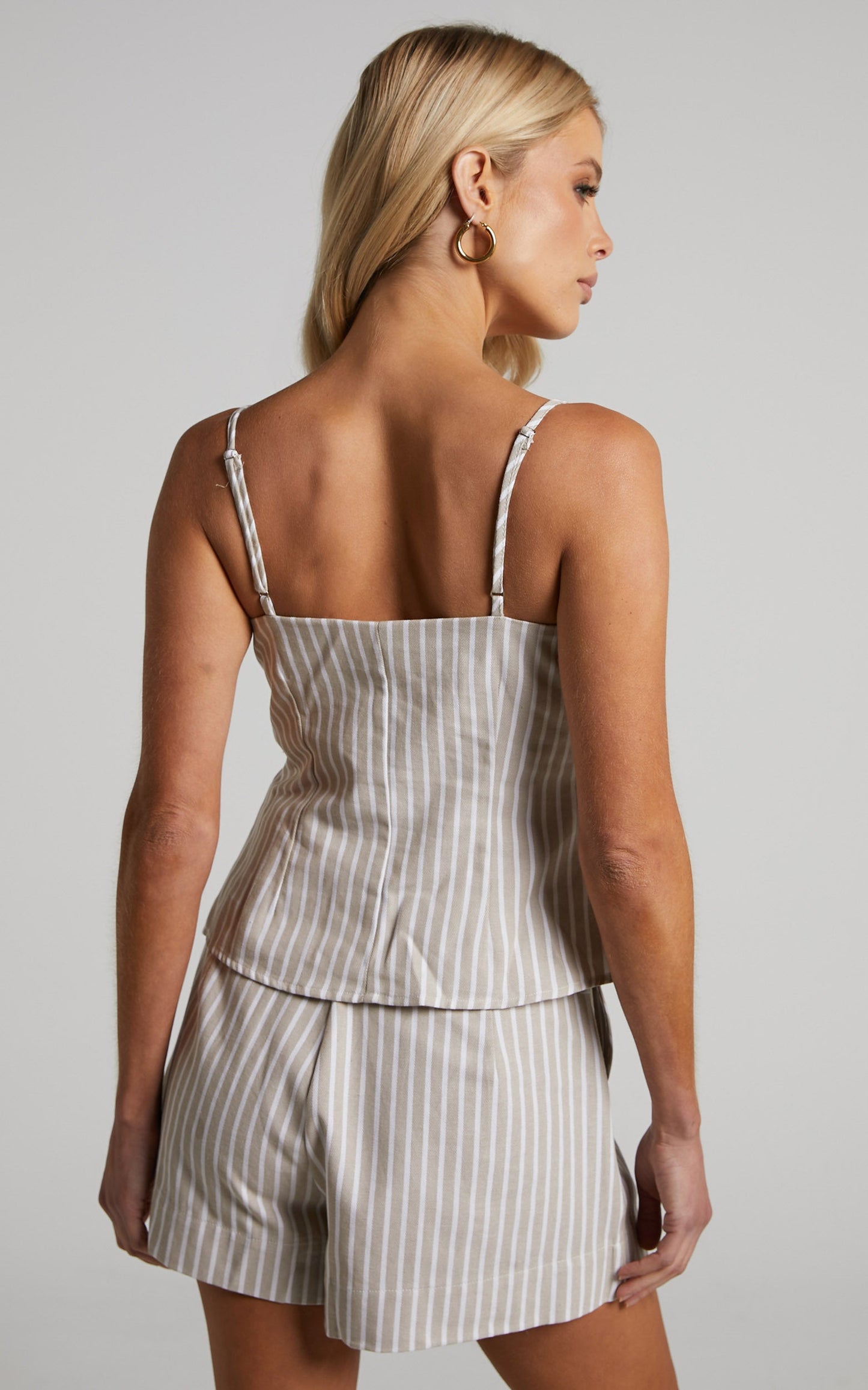 Romlene Top - Linen Look Ruched Bust Button Through Cami in Natural Stripe