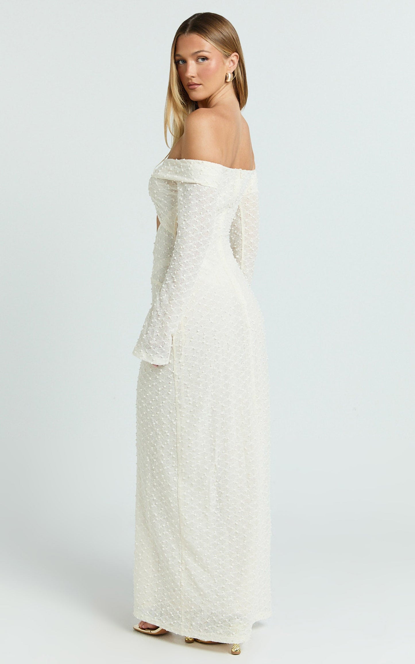 Romy Maxi Dress - Off Shoulder Long Sleeve Cut Out Gold Trim Fitted Dress in Ivory