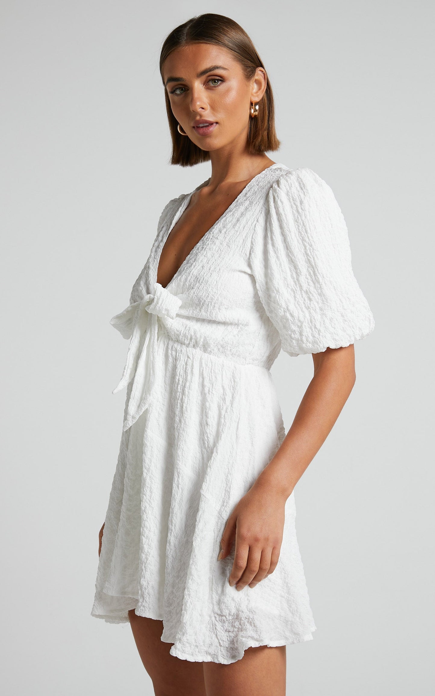 Rosalei Mini Dress - Puff Sleeve Tie Front Dress in White