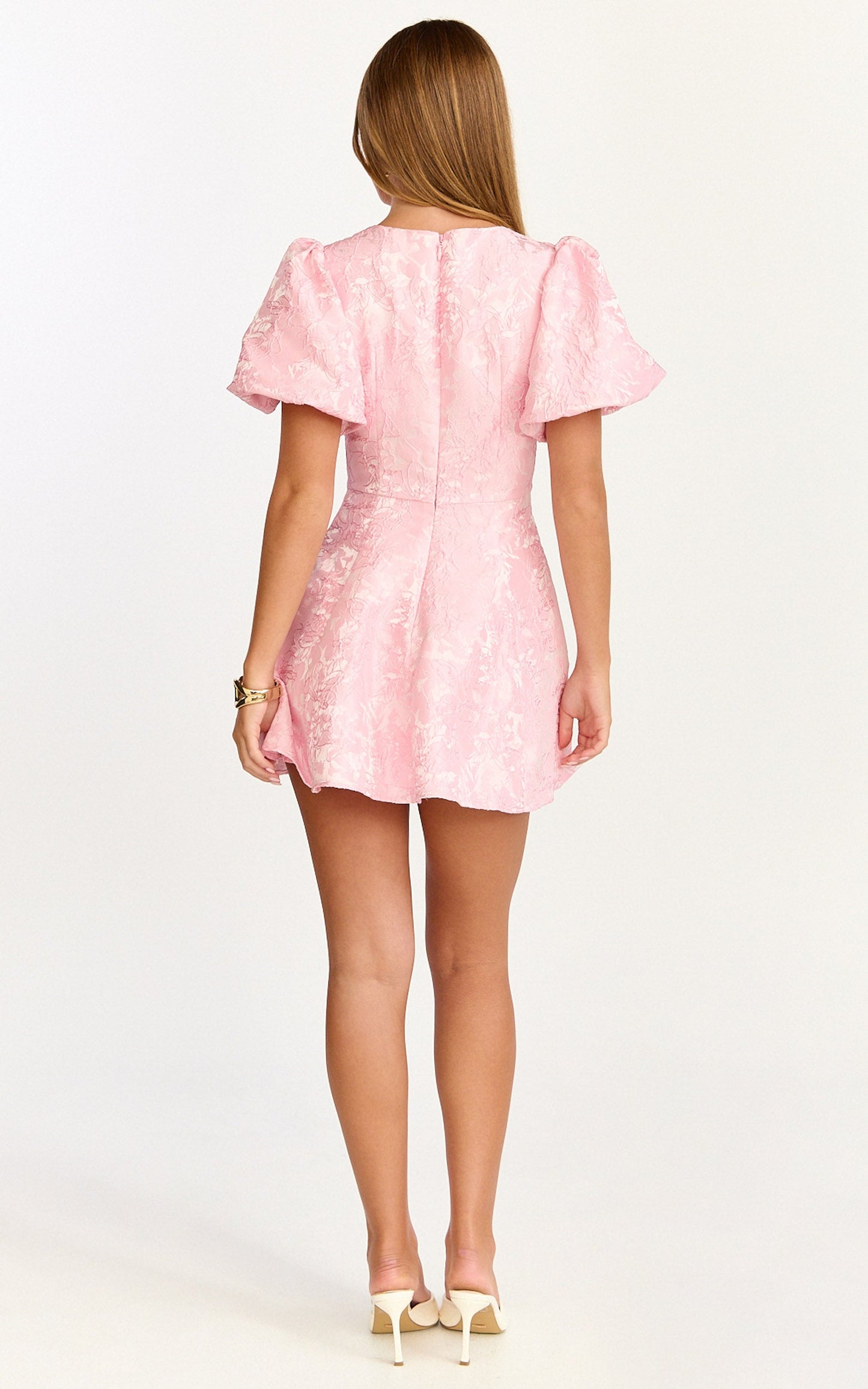 Rosalie Mini Dress - Floral Jacquard V Neck Fit and Flare Dress in Pink