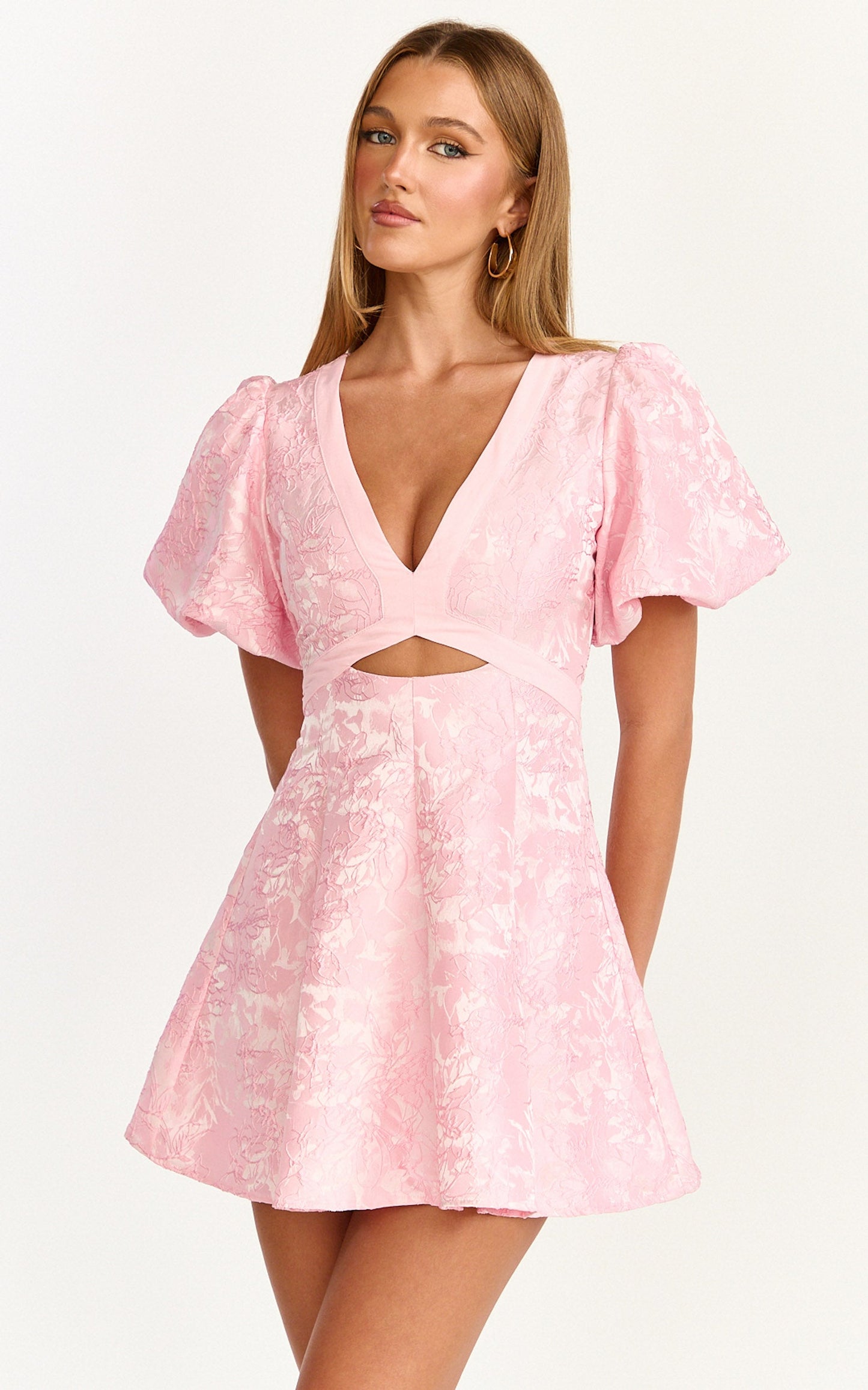 Rosalie Mini Dress - Floral Jacquard V Neck Fit and Flare Dress in Pink