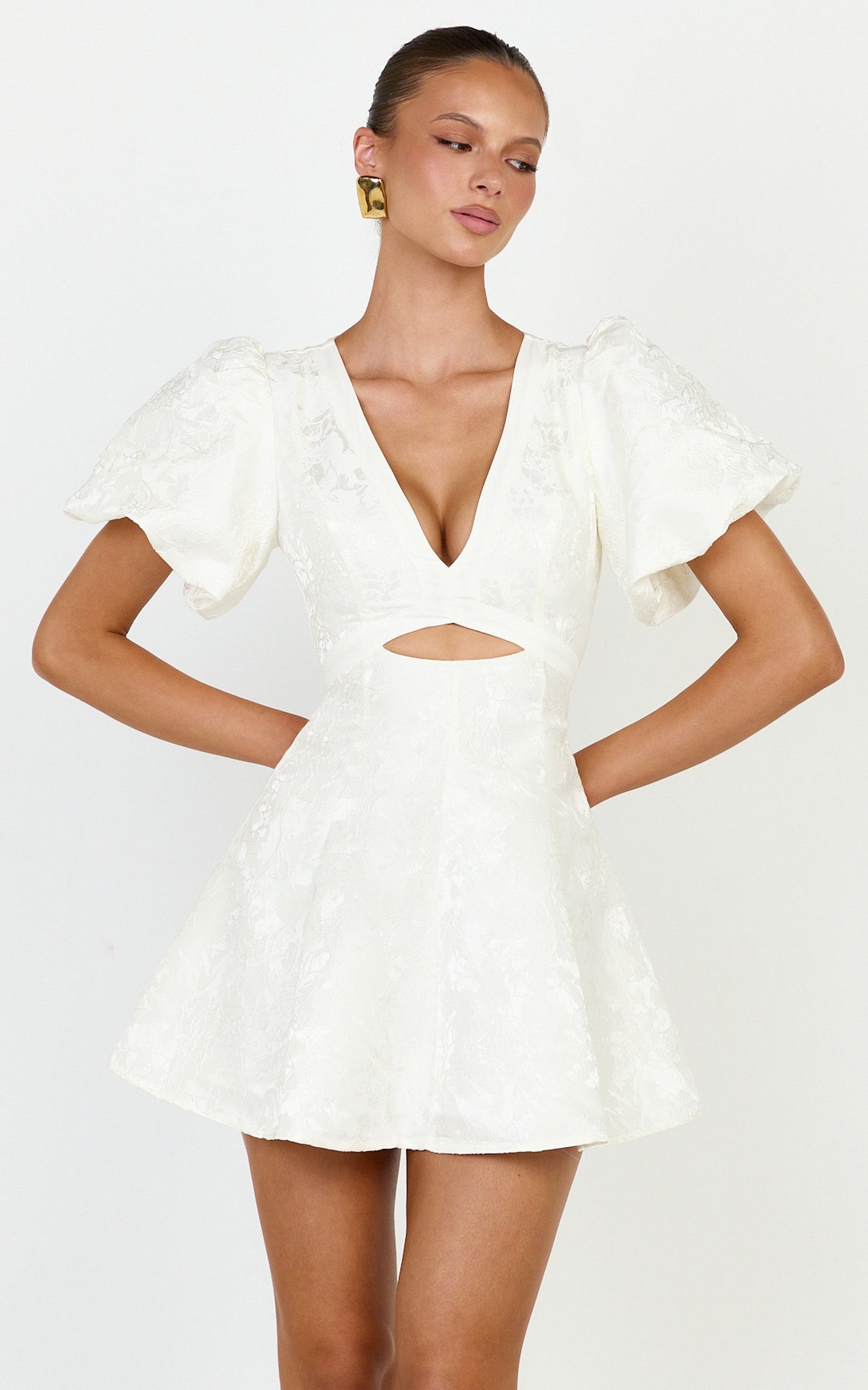 Rosalie Mini Dress - Floral Jacquard V Neck Fit and Flare Dress in White