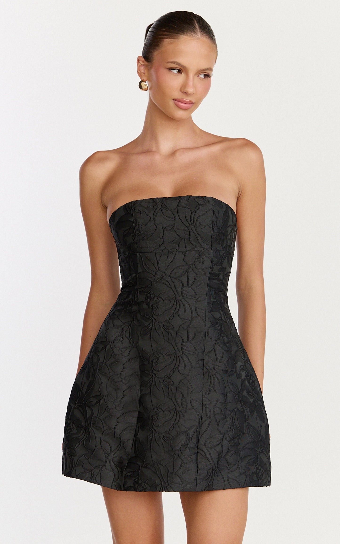 Rosalie Mini Dress - Strapless Jacquard Floral Mini Dress in Black