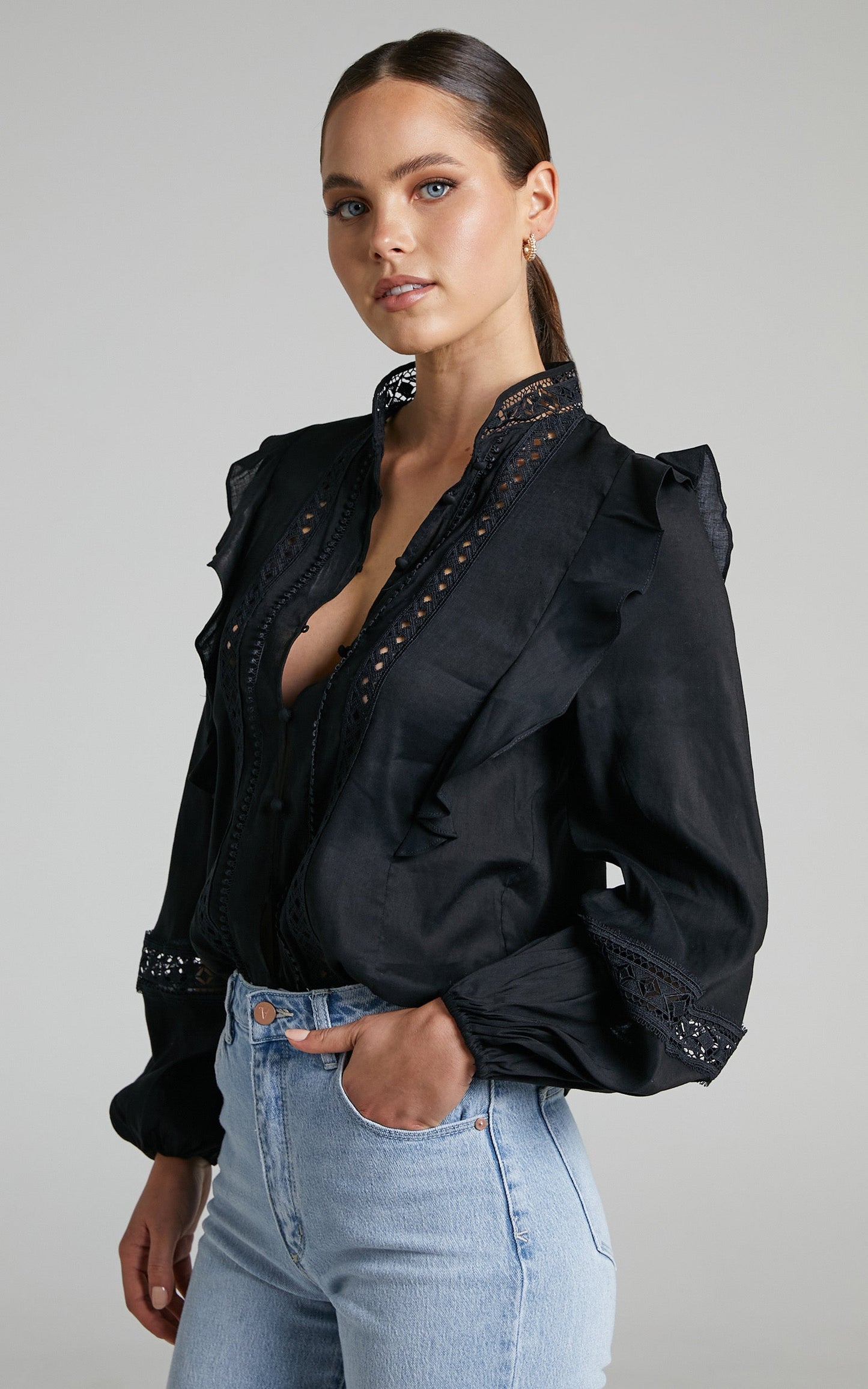 Rosalina Long Sleeve Broderie Lace Blouse in Black