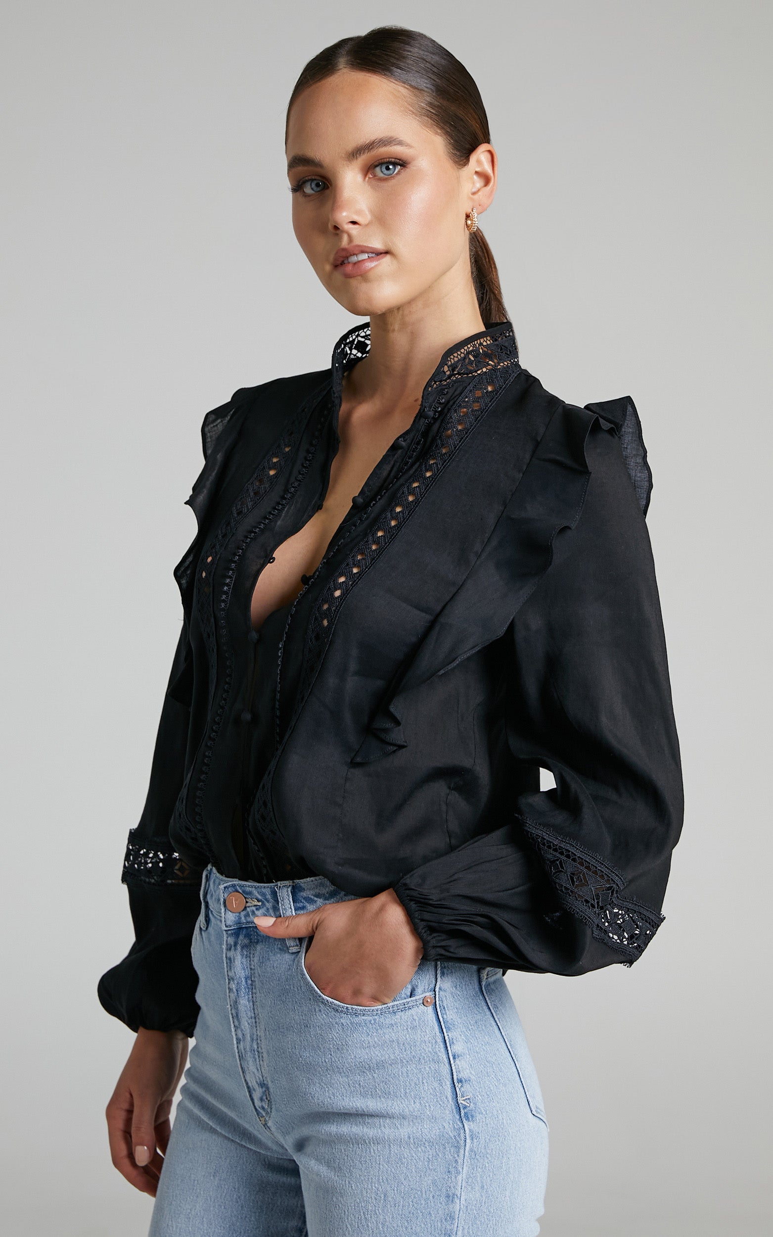 Rosalina Long Sleeve Broderie Lace Blouse in Black