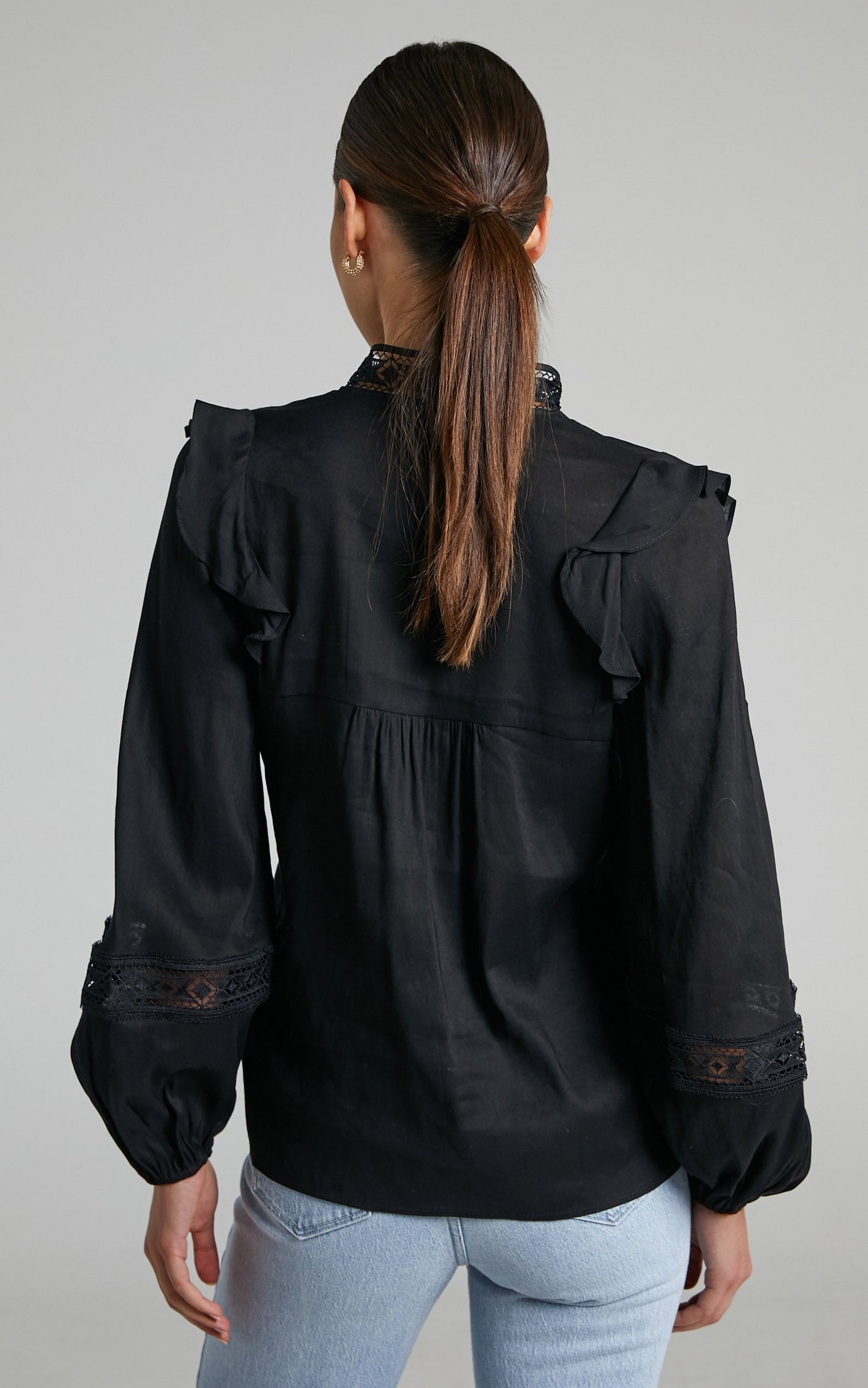 Rosalina Long Sleeve Broderie Lace Blouse in Black
