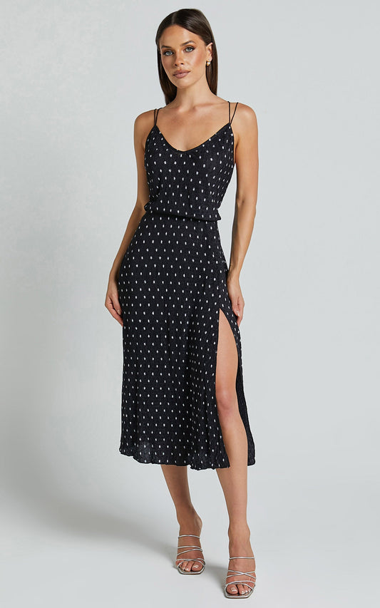 Rosalinda Midi Dress - V Neck Tie Back Dress in Black