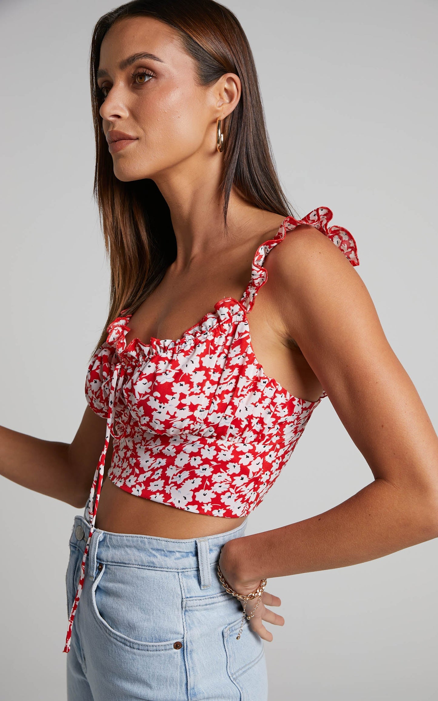 Rosario Top - Ruffle Strap Ruched Bust Top in Red Ditsy Floral