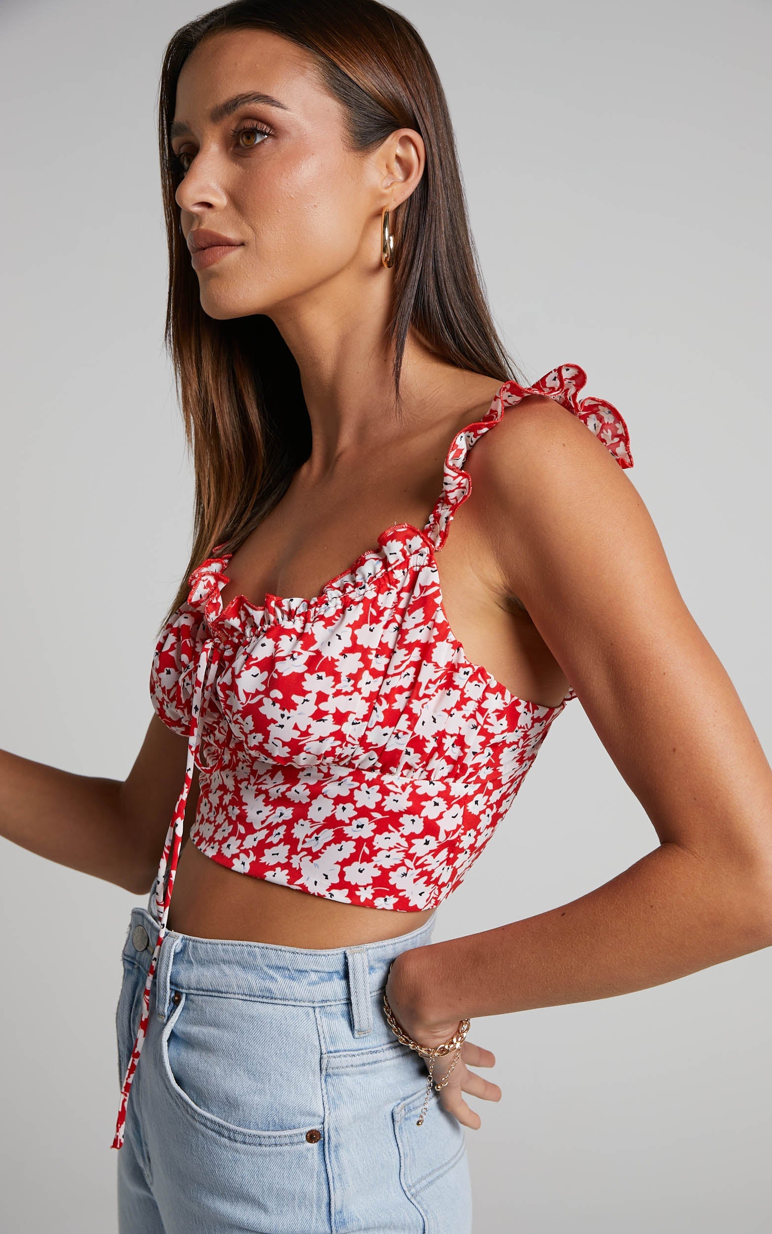 Rosario Top - Ruffle Strap Ruched Bust Top in Red Ditsy Floral
