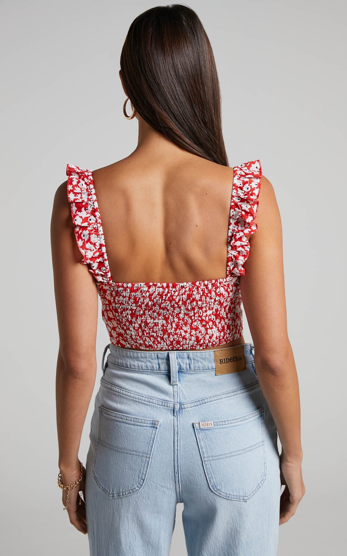 Rosario Top - Ruffle Strap Ruched Bust Top in Red Ditsy Floral