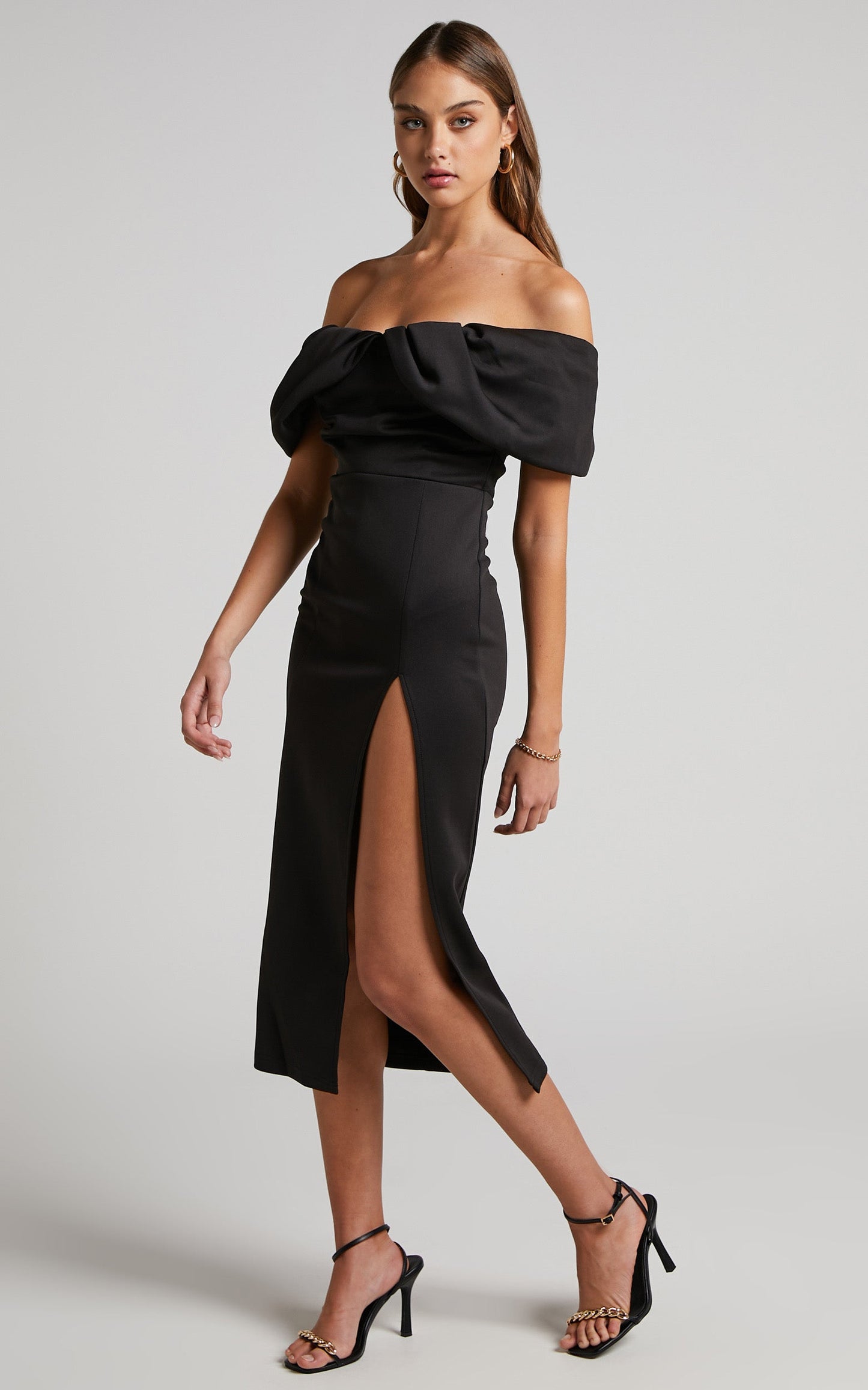 Rosbella Midi Dress - Off Shoulder Bodycon Dress in Black