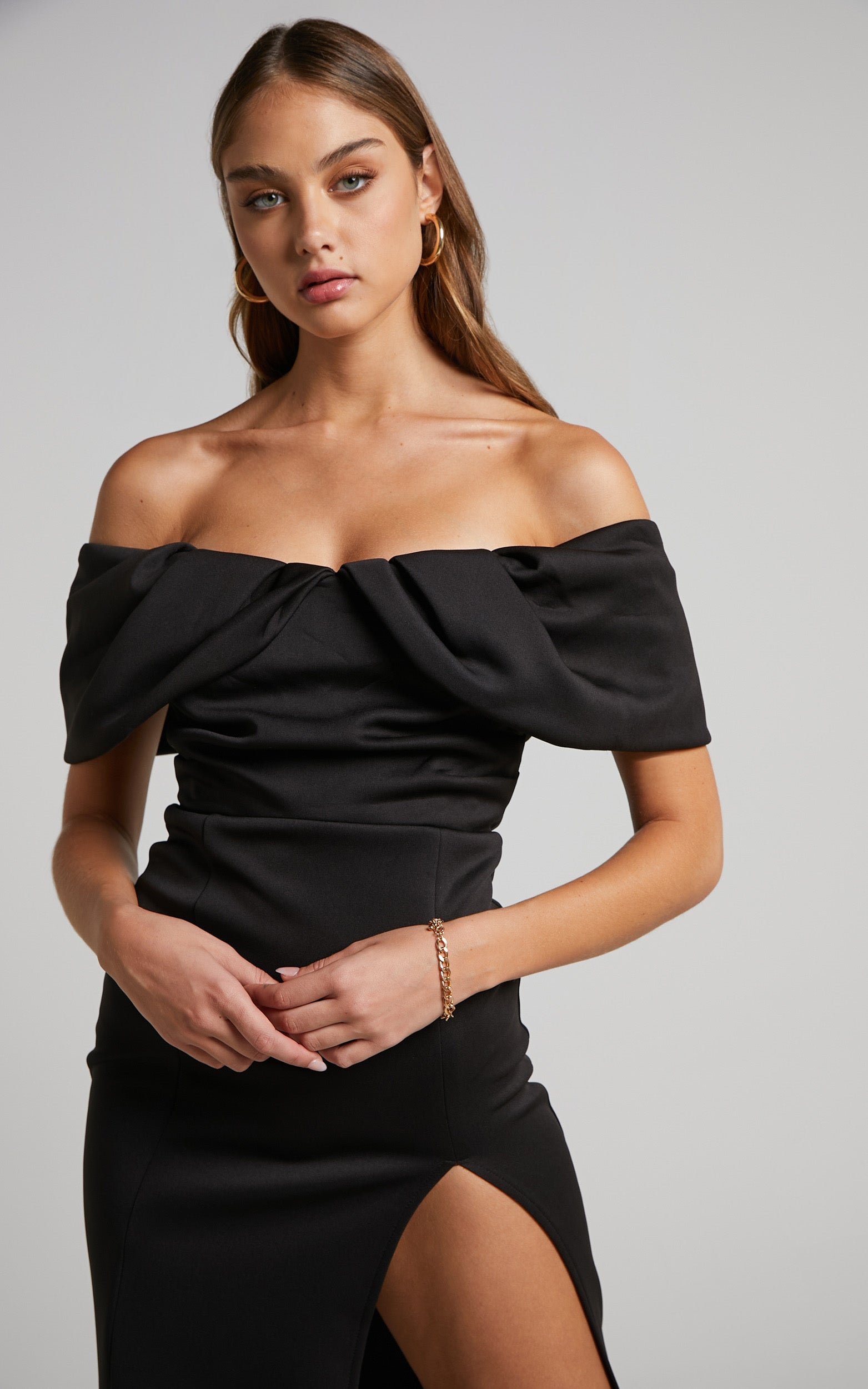 Rosbella Midi Dress - Off Shoulder Bodycon Dress in Black