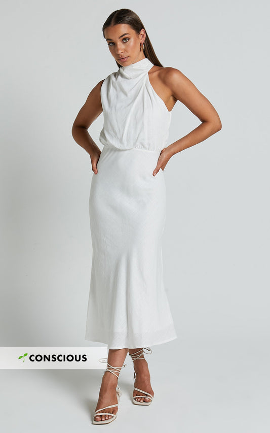 Rose Midi Linen Blend Dress - High Neck Loose Bodice Dress in White