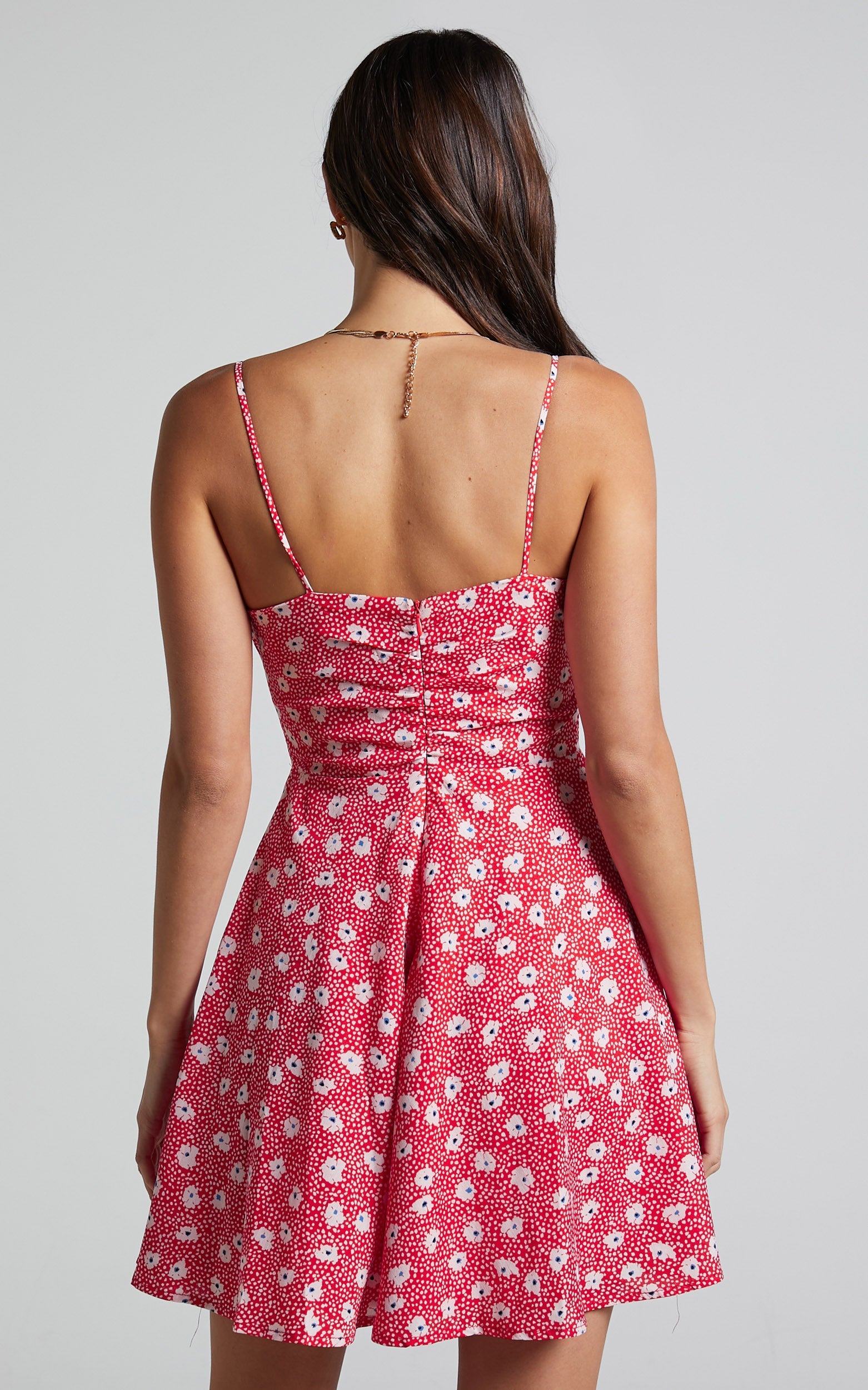 Rosella Mini Dress - Frill Trim Tie Front Dress in Red Ditsy