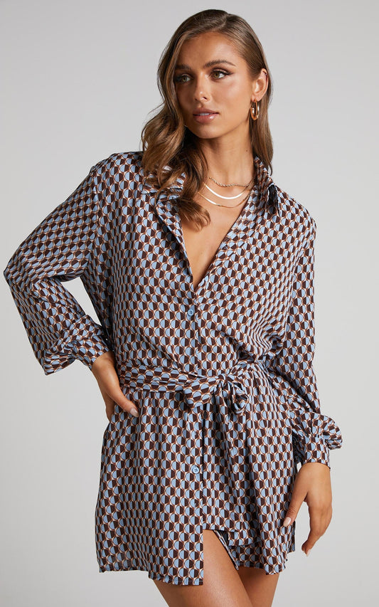 Rosetti Mini Dress - Belted Long Sleeve Shirt Dress in Blue Geo
