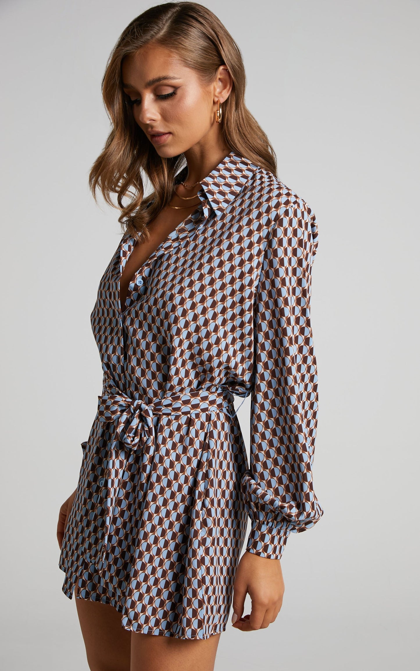 Rosetti Mini Dress - Belted Long Sleeve Shirt Dress in Blue Geo
