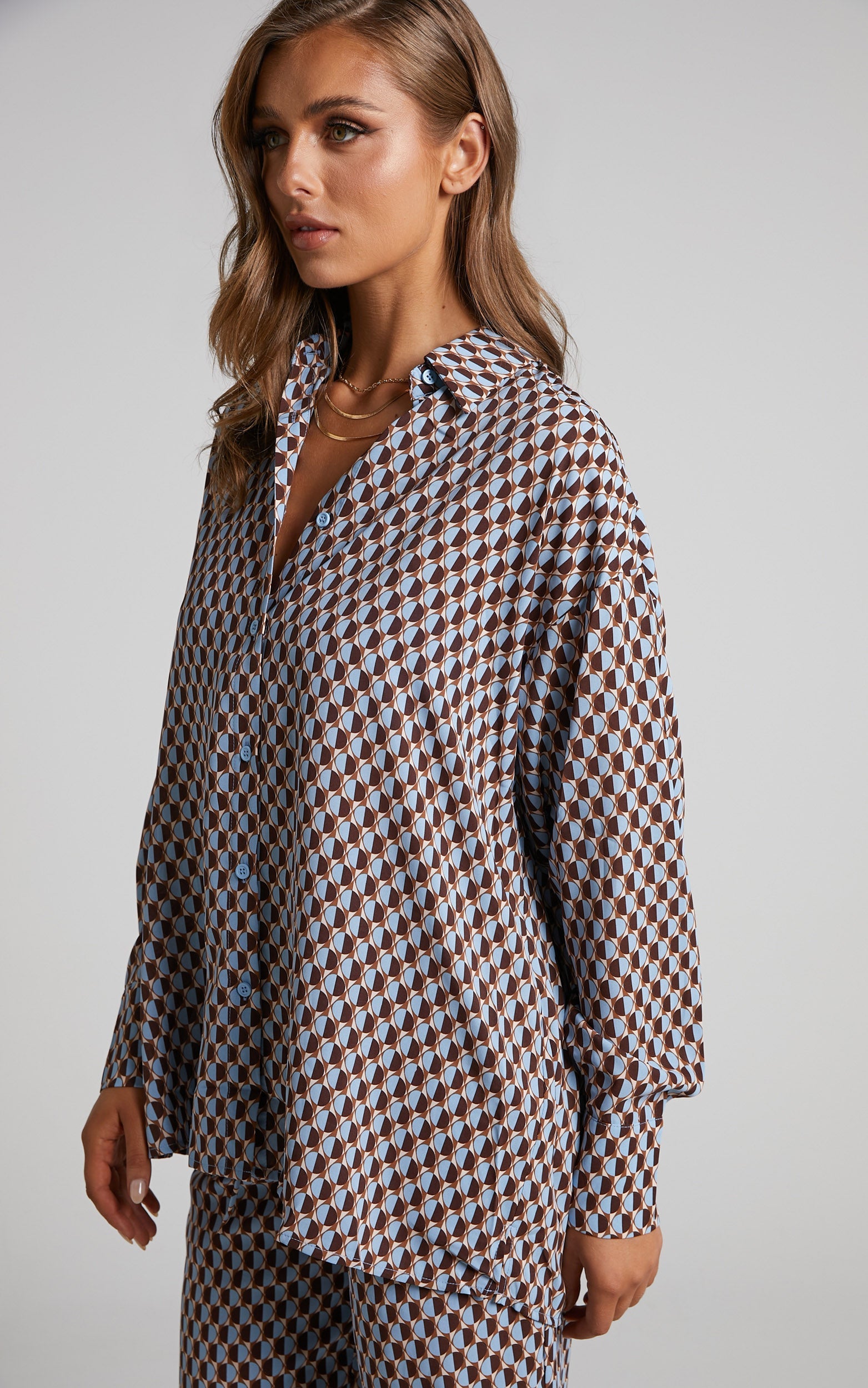 Rosetti Shirt - Relaxed Button Down Longline Shirt in Blue Geo