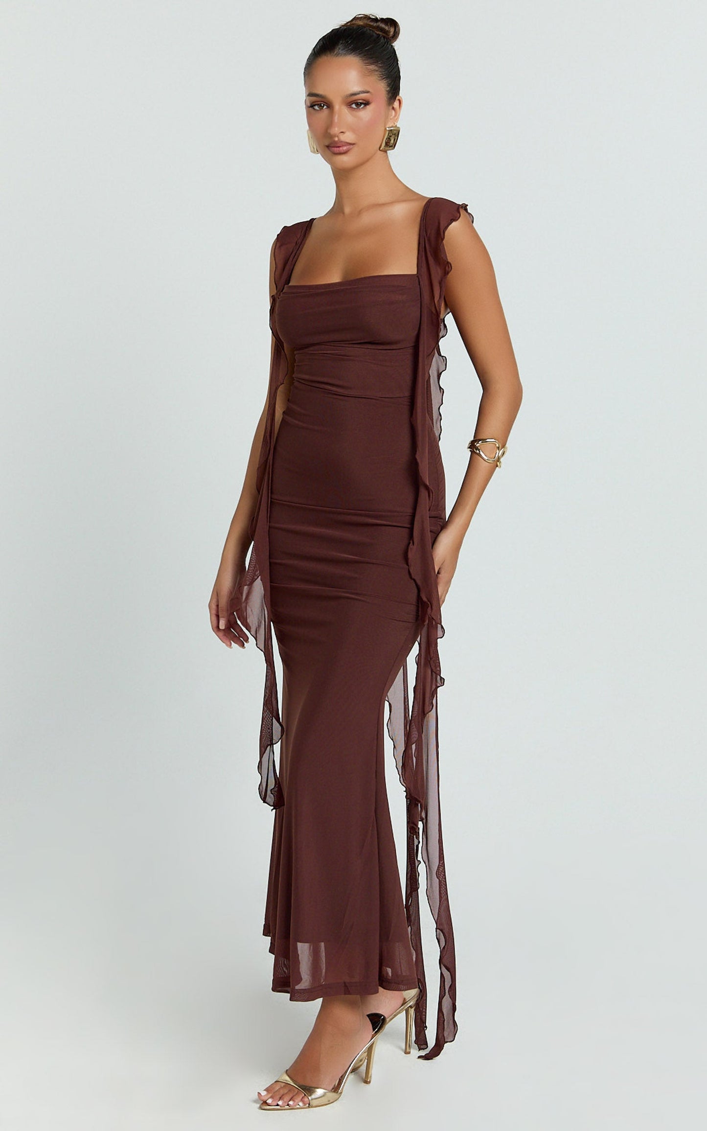 Rosha Maxi Dress - Ruffle Strap Dress in Chocolate