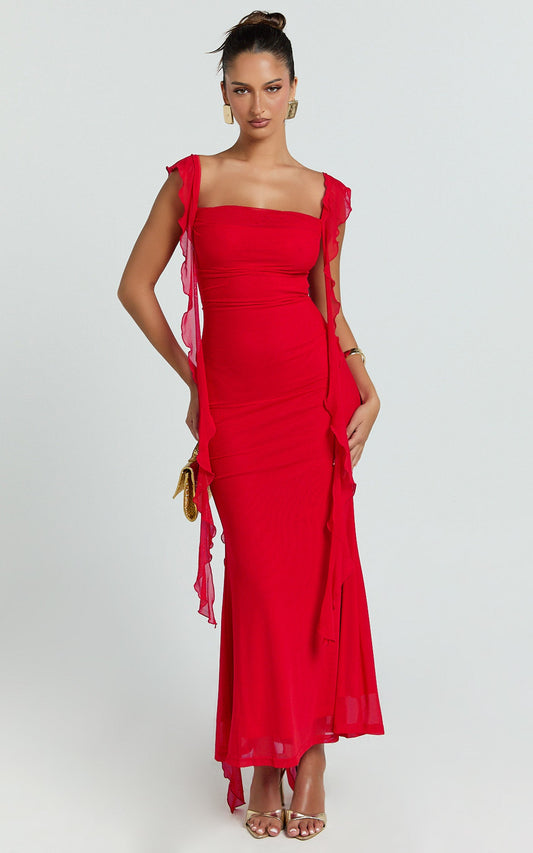 Rosha Maxi Dress - Ruffle Strap Dress in Red