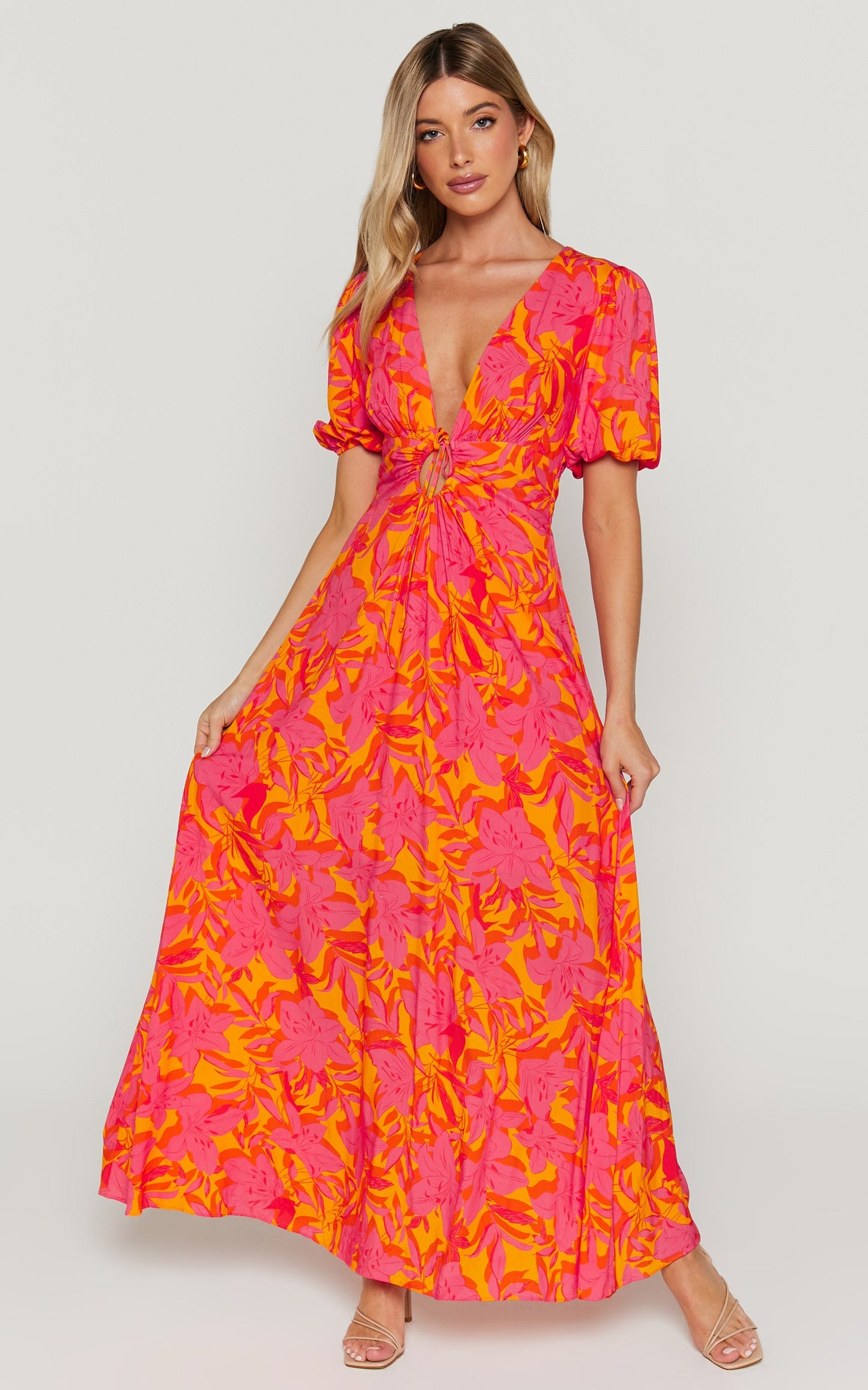 Roshanna Midi Dress - Cut Front Puff Sleeve Dress in Orange Floral