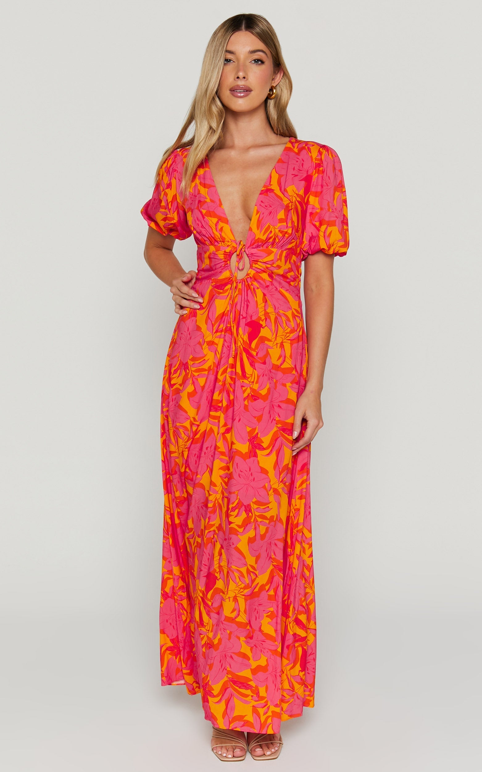 Roshanna Midi Dress - Cut Front Puff Sleeve Dress in Orange Floral