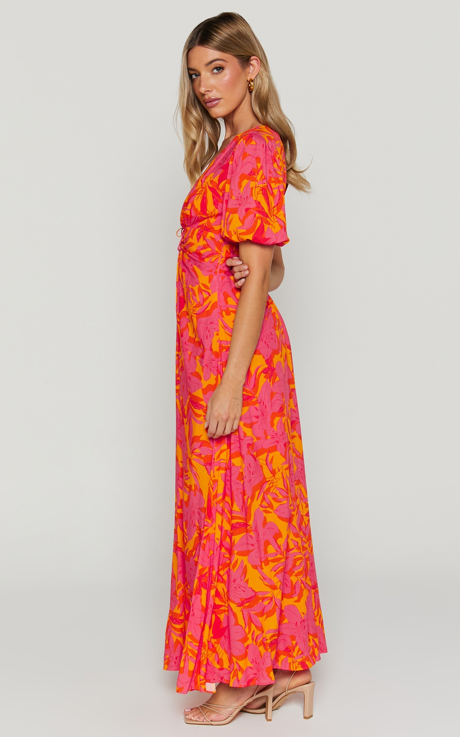 Roshanna Midi Dress - Cut Front Puff Sleeve Dress in Orange Floral